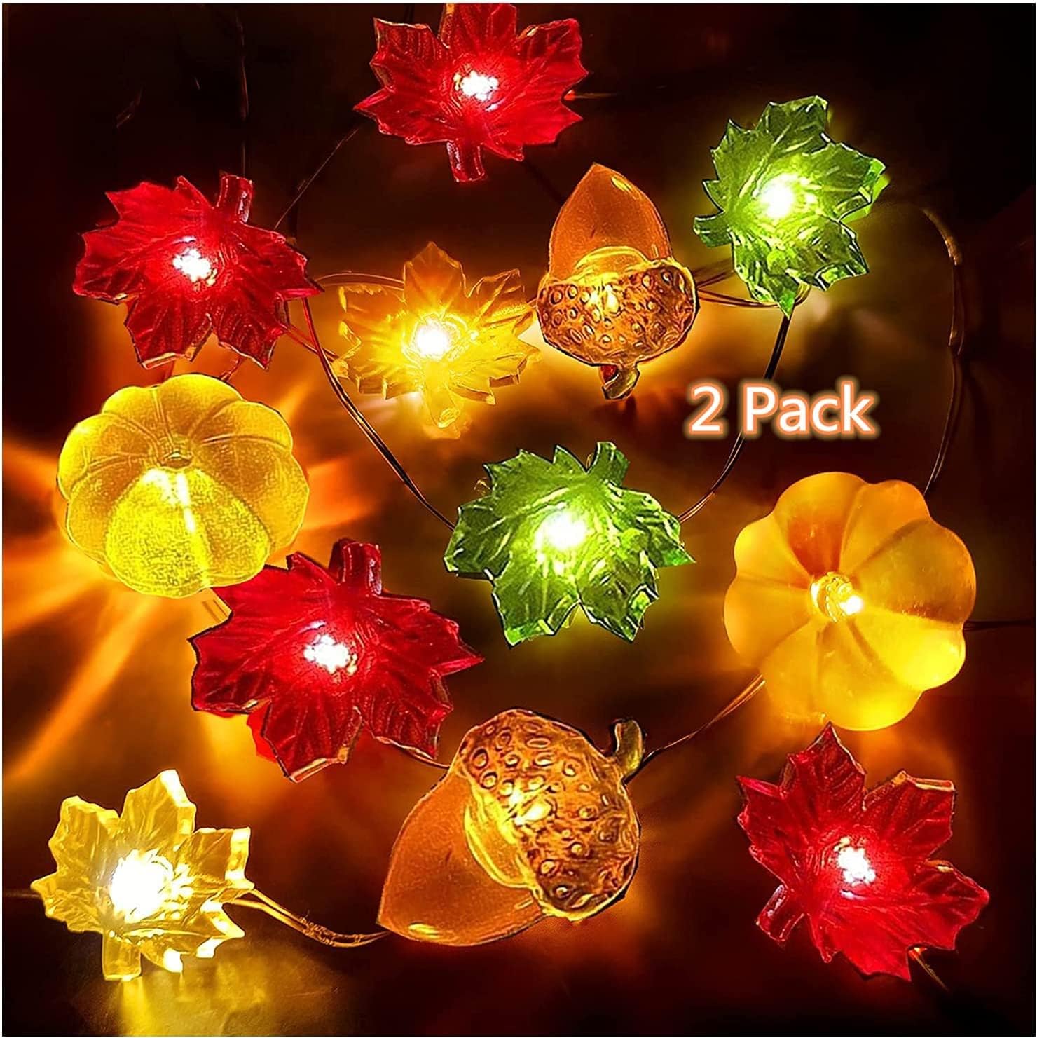 Amandir 2Pack 3D Pumpkin Acorn Maple Leaf Fall Lights Decor, 30Ft 60 Lights Thanksgiving Decorations Battery Operated Fall String Lights for Halloween Autumn Home Party Fall Decorations Indoor Outdoor