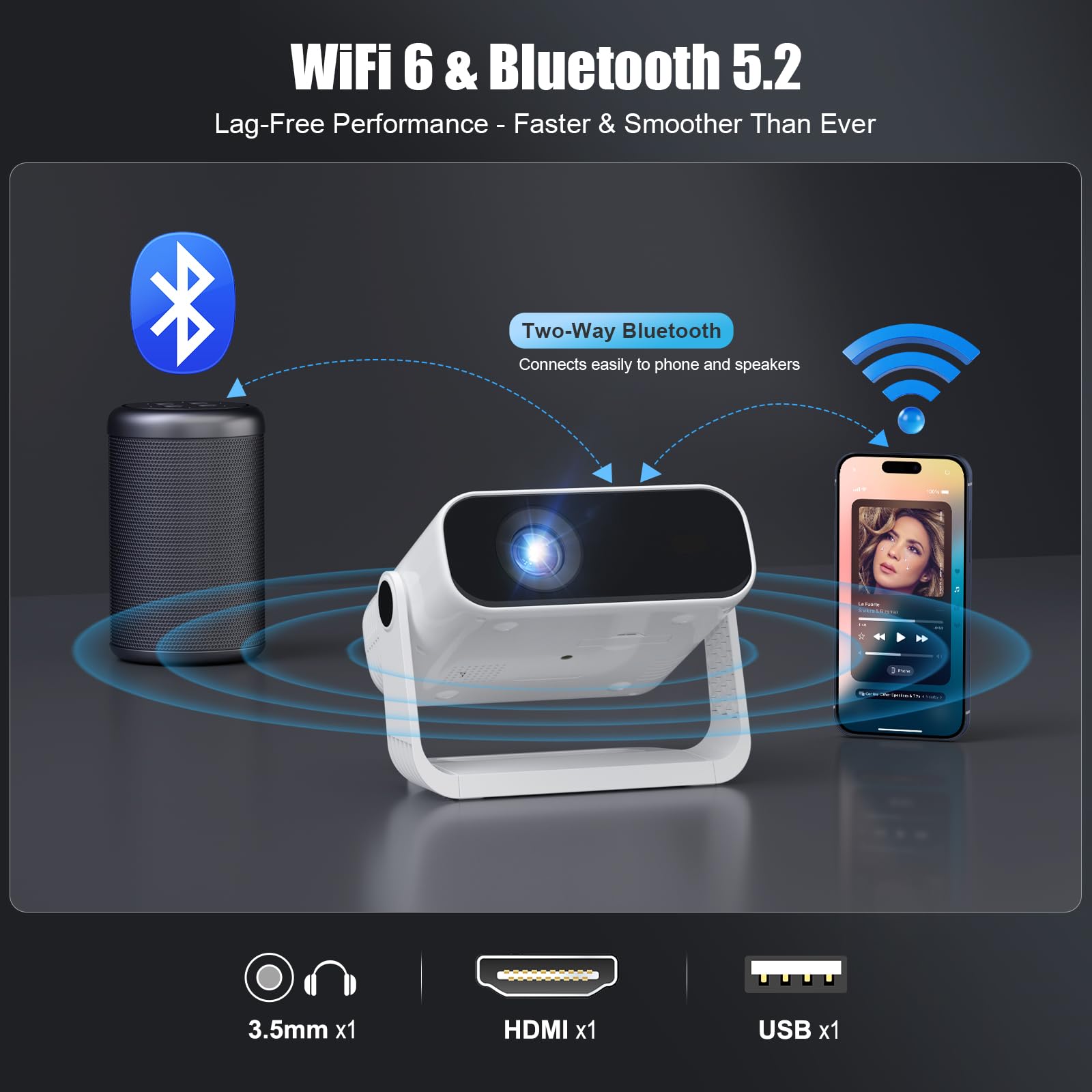 Wielio Smart Projector Built-in Apps, Native 1080P WiFi 6 Bluetooth 5.2, Low Fan Noise (<30dB), Home Cinema Projector for iOS/Switch /PS5 — view 6