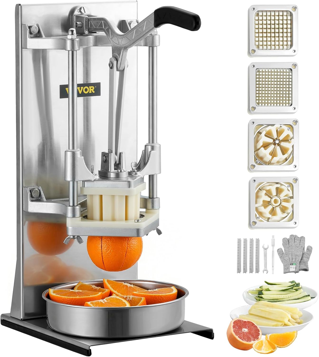 VEVOR Commercial French Fry Cutter with 4 Replacement Blades, 1/4 and 3/8 Blade Easy Dicer Chopper, 6-wedge Slicer and 6-wedge Apple Corer, Lemon Potato Cutter for French Fries with Extended Handle