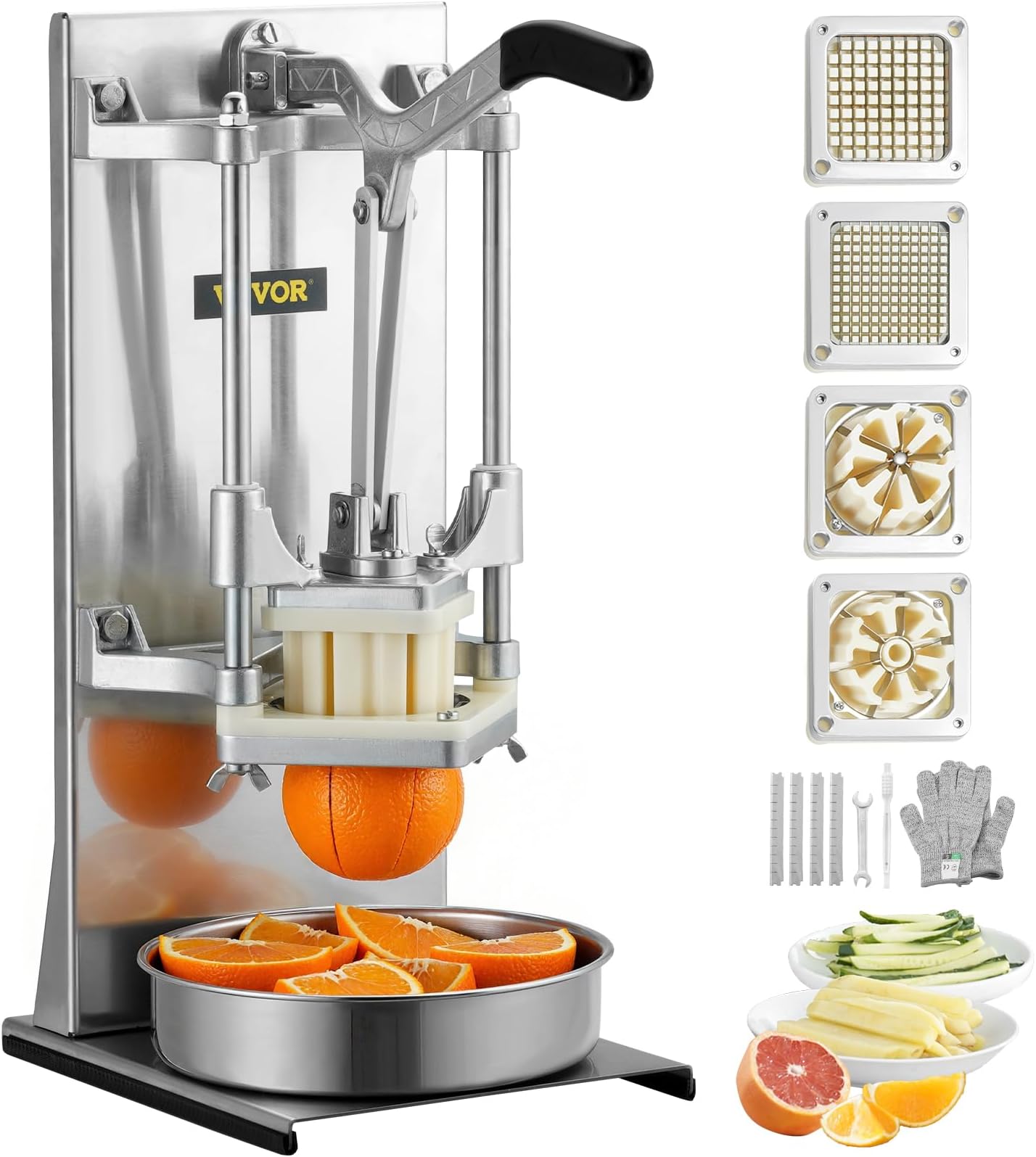 Commercial French Fry Cutter with 4 Replacement Blades, 1/4 and 3/8 Blade Easy Dicer Chopper, 6-wedge Slicer and 6-wedge Apple Corer, Lemon Potato Cutter for French Fries with Extended Handle