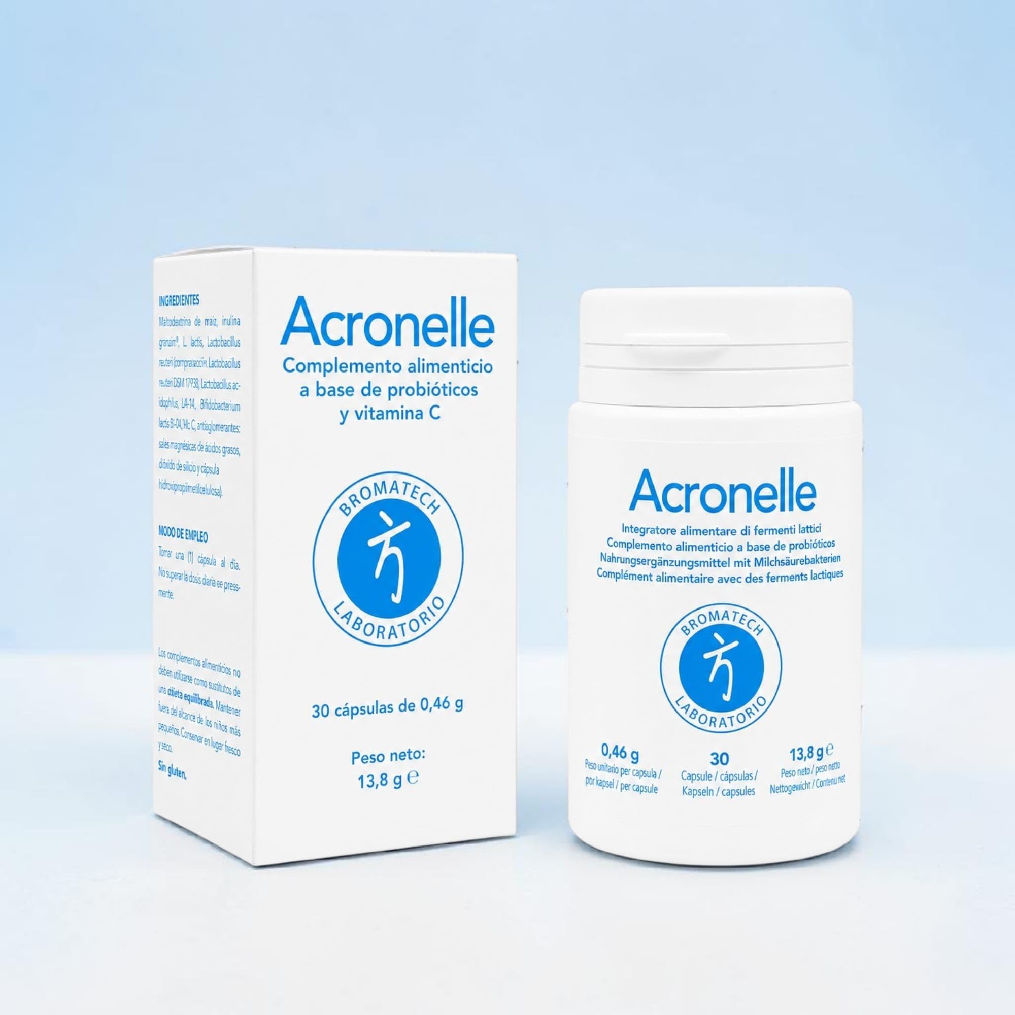 Bromatech Acronelle - Pack Ahorro 2 x 30 Cápsulas - Alivio de Gases, Hinchazón y Tránsito Irregular - Con Lactobacillus Salivarius y Vitamina C - Calma Espasmos, Gases y Dolor Abdominal