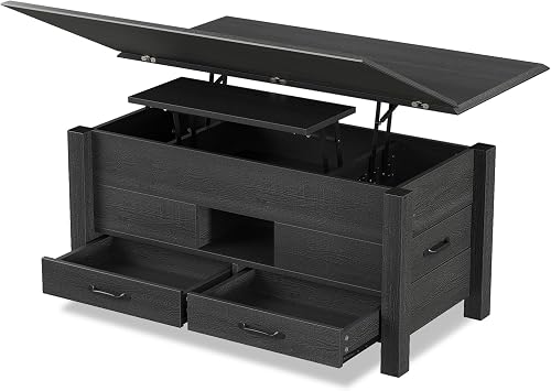 Yanosaku Lift Top Coffee Table, 39.4" Multi-Function Convertible Coffee Table with 4 Storage Drawers & Hidden Compartment, Wood Center Table for Living Room, Dining Room, Home Office, Black