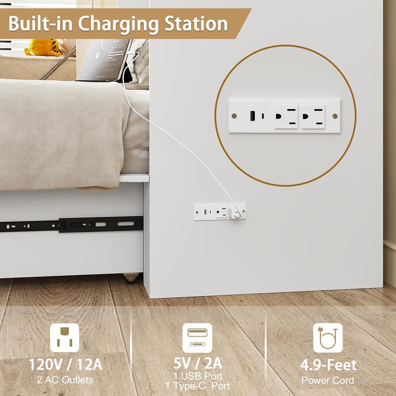 Close-up view of the built-in charging station on the LIVAUVEAD Murphy Bed, detailing 2 AC outlets, 1 USB port, and 1 Type-C port with power specifications.