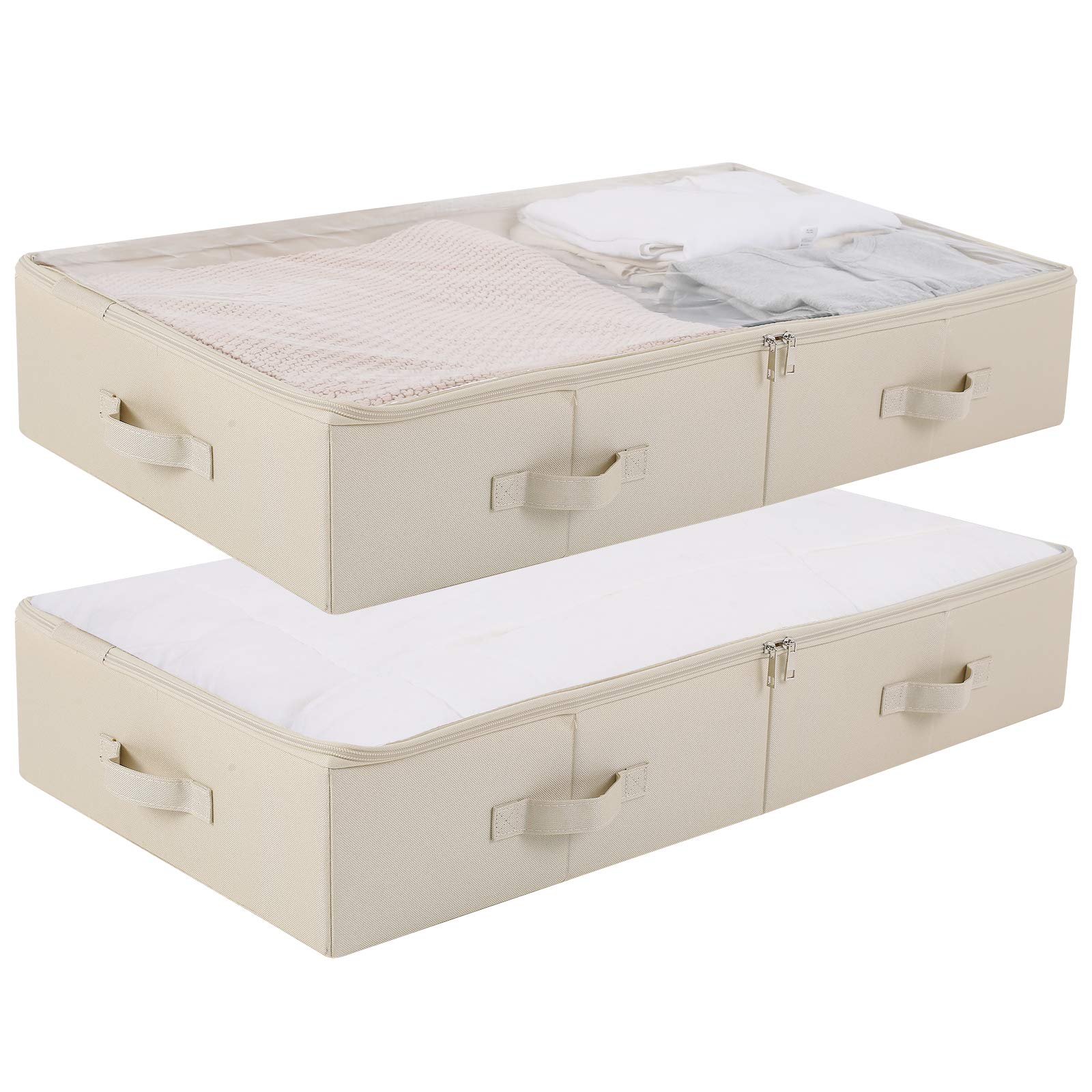 Confezione da 2 contenitori spaziosi e visibili in PVC con coperchio sotto il letto per scarpe, coperte e biancheria da letto, pieghevoli e lavabili. Beige