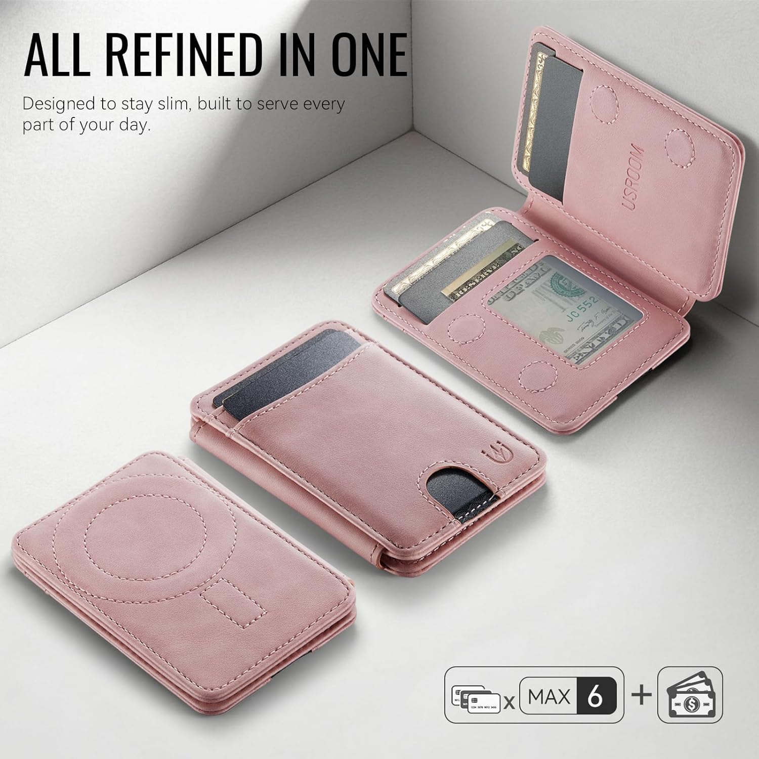 for Magsafe Wallet Magnetic RFID Blocking Card Holders, PU Leather Strong Magnet Phone Wallet Compatible with Magsafe Phones and Cases for iPhone 17/16/15/14/13/12/ Pro/Max/Plus, Rose Pink