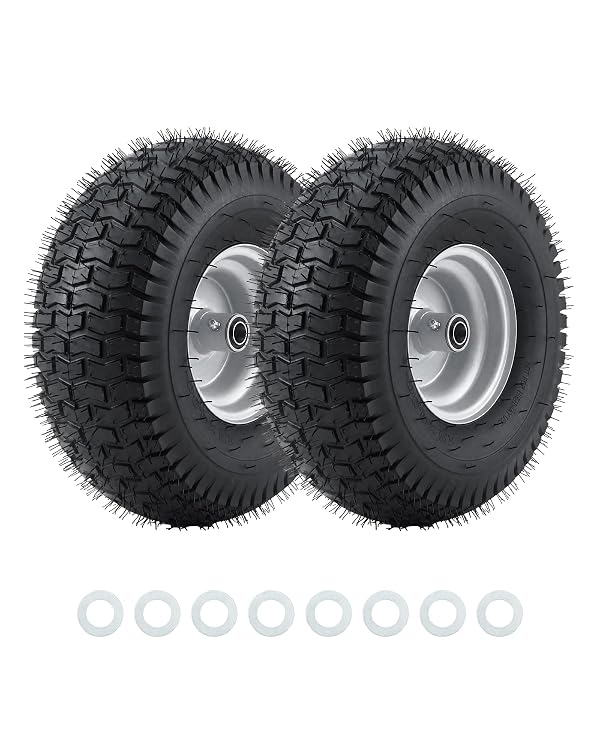 15x6.00-6 Lawn Mower Solid Tire, 3"-4.4" Centered Hub Lawn Mower Wheel with 1/2" 5/8" 3/4" Ball Bearings, Heavy Duty 500lbs Load Capacity Zero Turn Mower Front Replacement Tires, 2 Pack by Garvee - Used condition - US$52.68