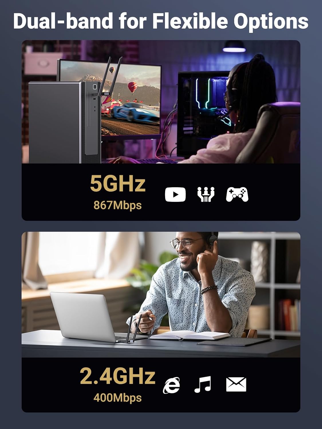 UGREEN AC1300 WLAN Stick — двухдиапазонный (5 ГГц/2,4 ГГц) Wi-Fi-адаптер для ПК с двумя антеннами 5 дБи, кнопкой WPS, поддержкой Plug & Play в Windows 10/11, совместим с Windows и macOS