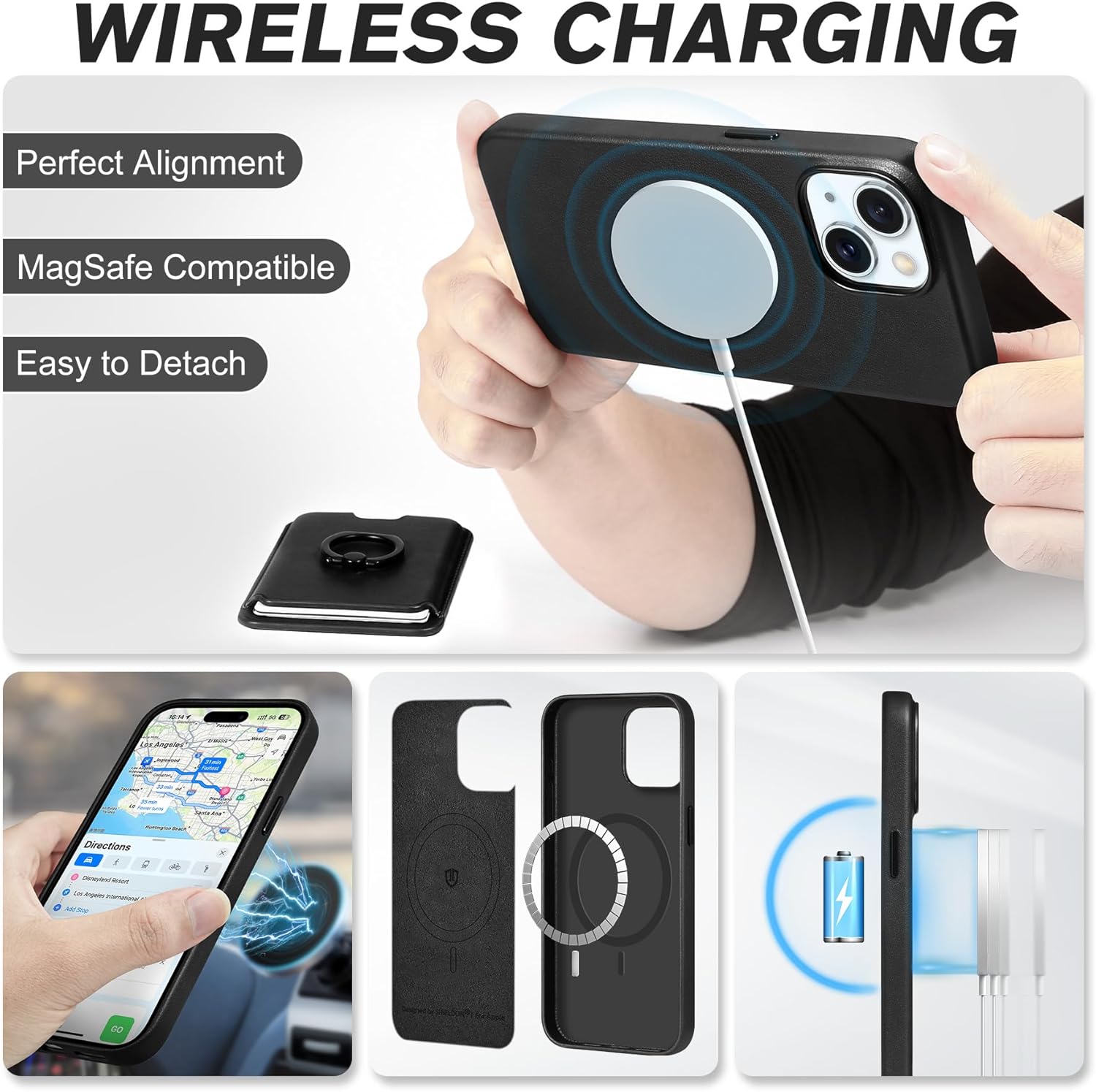 SHIELDON Genuine Leather Case for iPhone 15 + Detachable Magnetic Card Holder, [Slim][Protective][Magnetic Wireless Charging][Secure-Grip Ring Stand][RFID Blocking] Compatible with iPhone 15 - Black