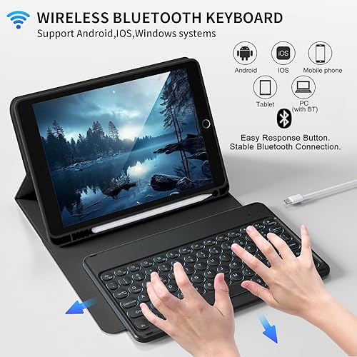 Miniatura 67 de aoub Funda para iPad de 9ª/8ª/7ª generación de 10.2 pulgadas, funda de teclado Bluetooth inalámbrica desmontable, funda trasera de TPU suave