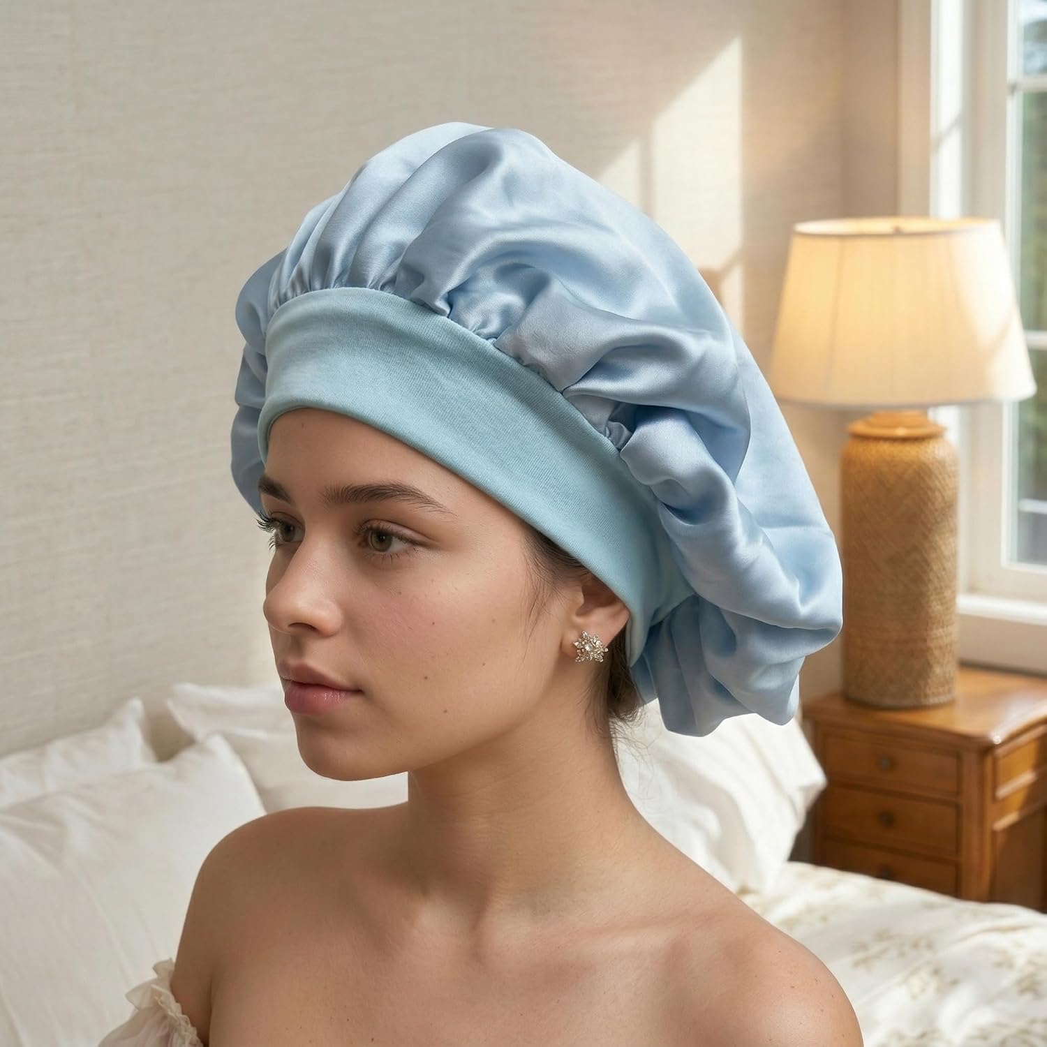 100% Mulberry Silk Bonnet for Women Sleeping Double Layer Cap, Blue