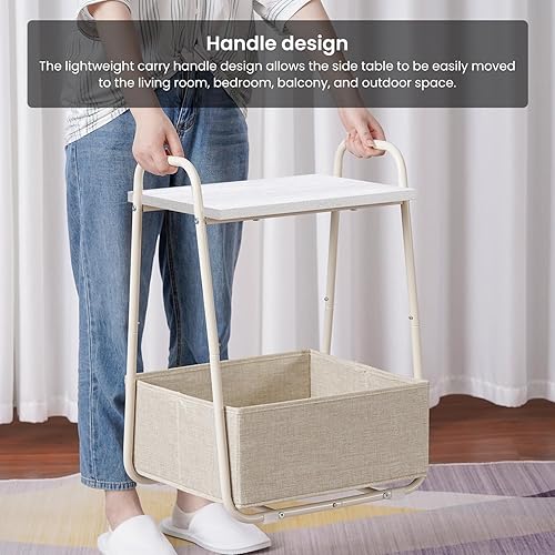 Miniatura 9 de Heybly Juego de 2 mesas auxiliares, mesita de noche con cesta de almacenamiento de tela, mesa auxiliar de sofá con marco de metal para sala de