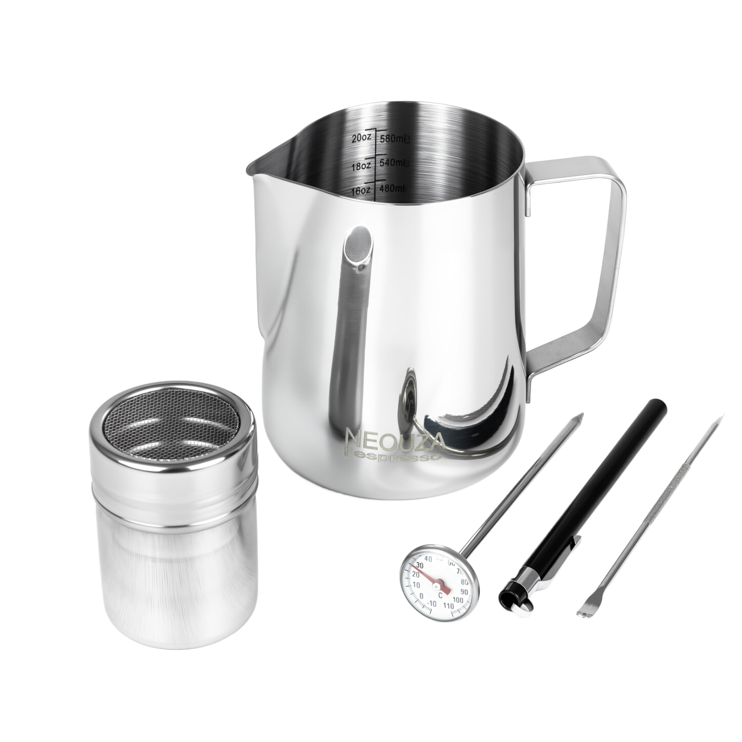 NEOUZA Coffee 600ml Milk Frothing Pitcher Cup Steaming Pitcher +Powder Tank, Latte Art Needle and Thermometer for Espresso Machine Coffer Maker