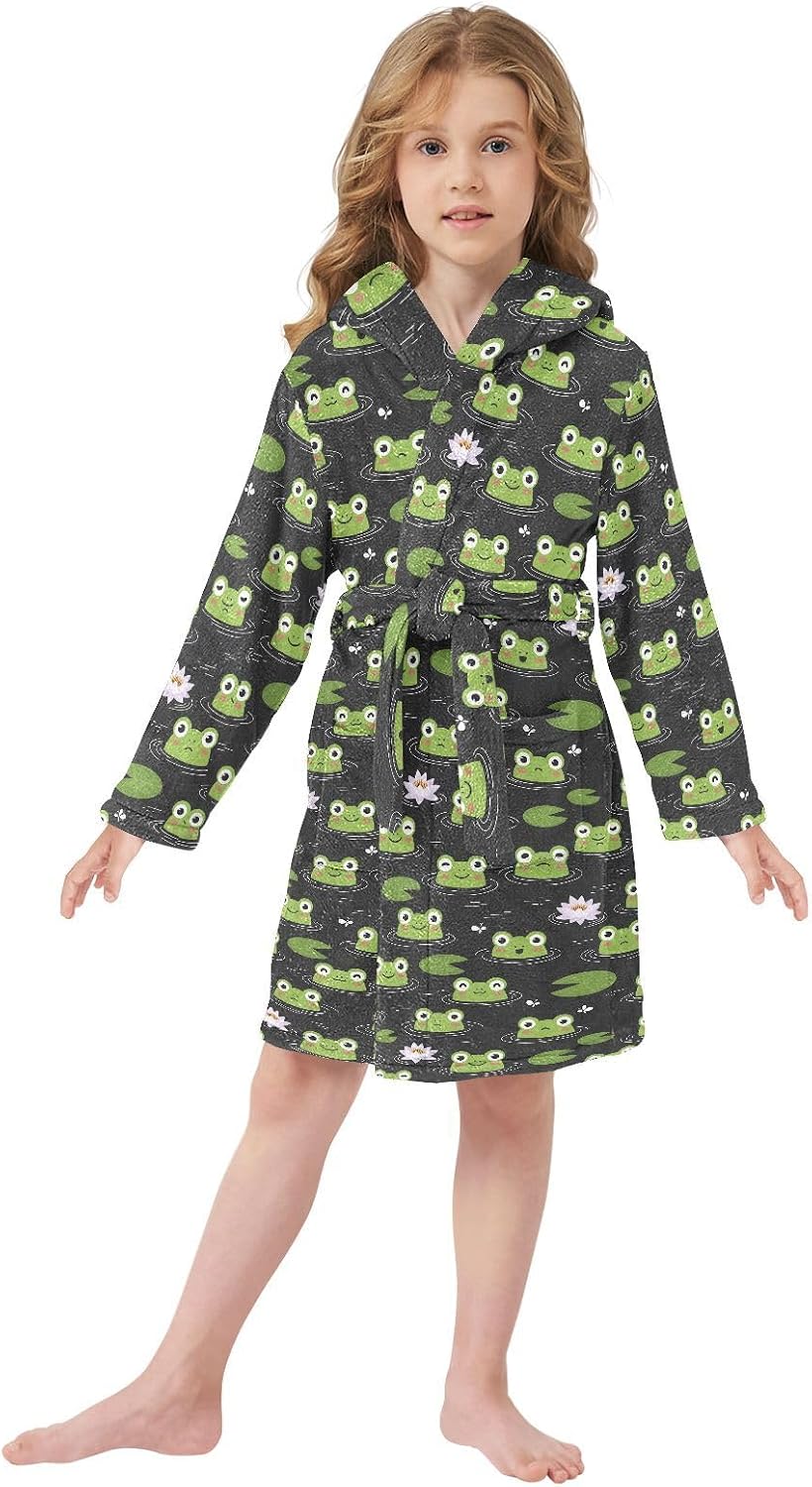 senya Frog Lotus Cute Toddler Hooded Bathrobe Kids Soft Plush Bath Towel Robes for Boys Girls 2-12 Years