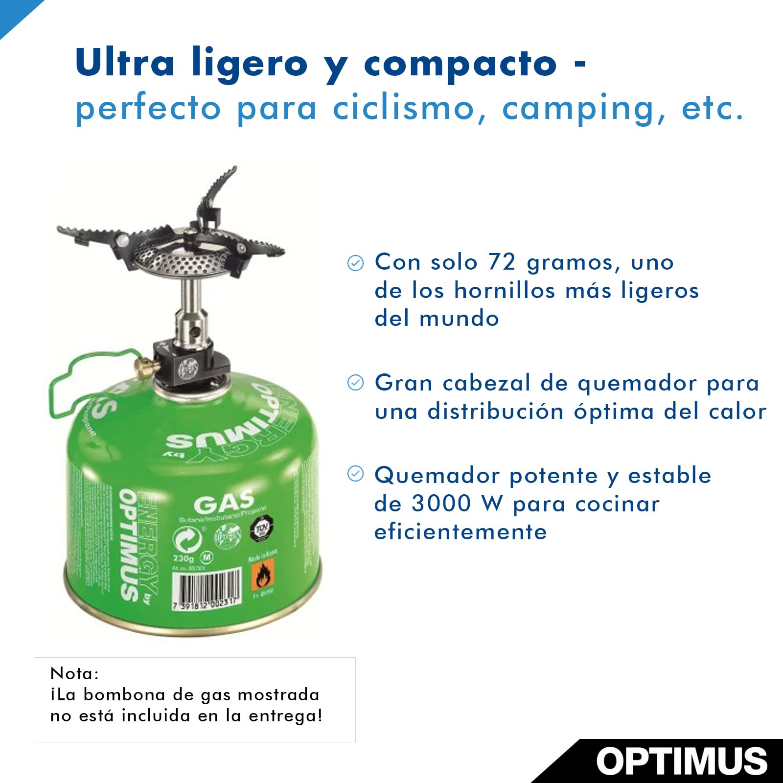 Cocina de gas Optimus Crux Lite - Cocina ultraligera de 72 g con 3000 W de potencia para trekking, camping y equipos de emergencia