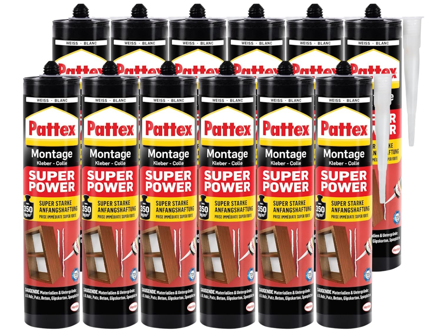 Pattex Montagekleber Super Power, Baukleber mit superstarker Anfangshaftung, Kraftkleber für saugende Materialien, Kleber für innen & außen, Aktionspack mit 12 x 370g, 9H PXS37
