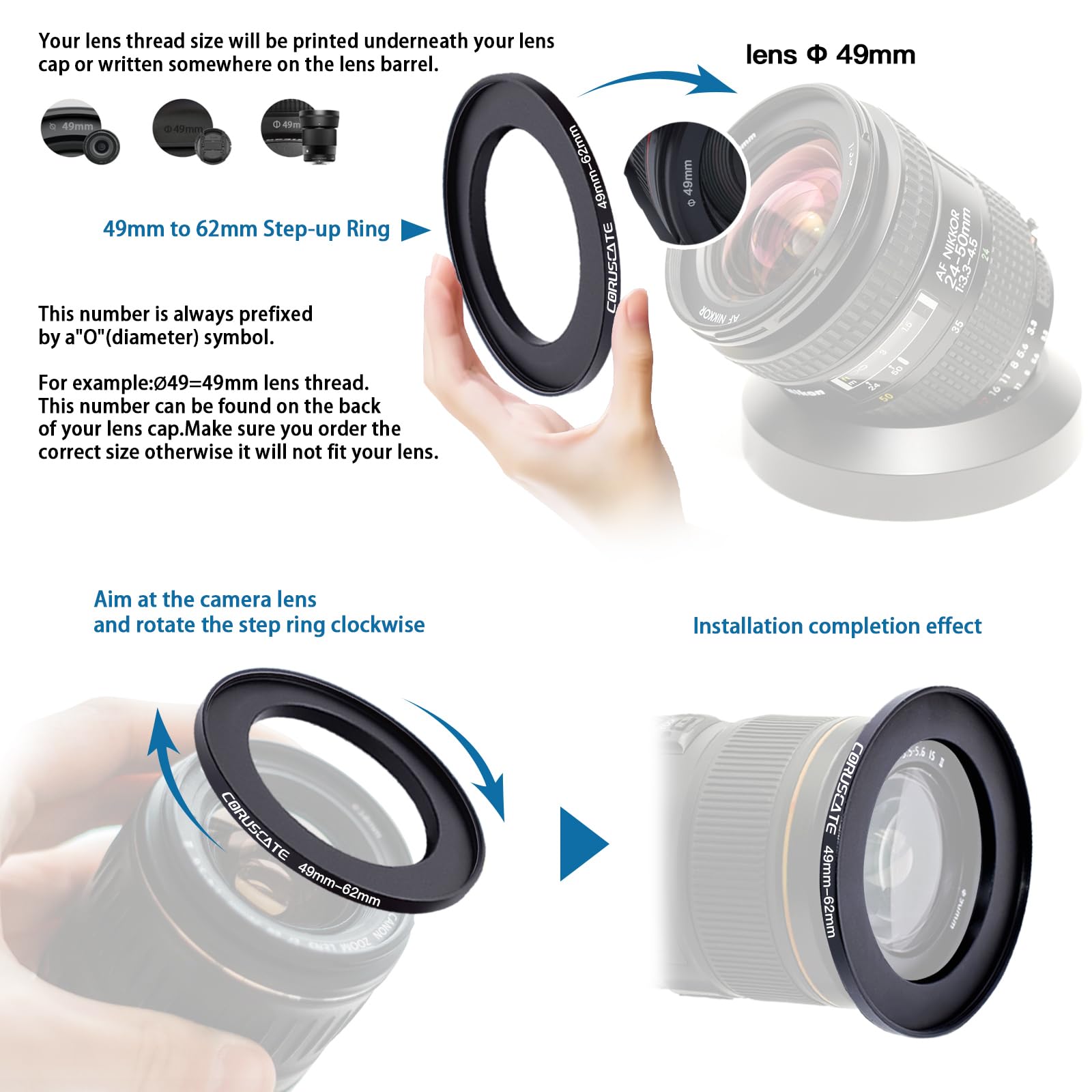 Filterring-Adapter-Set, Objektivfilter, Step-Up-Ring für alle Marken UV ND CPL (49–40,5 mm, 49–46 mm, 49–52 mm, 49–55 mm, 49–58 mm, 49–62 mm, 49–67 mm, 49–72 mm, 49–77 mm, 49–82 mm)