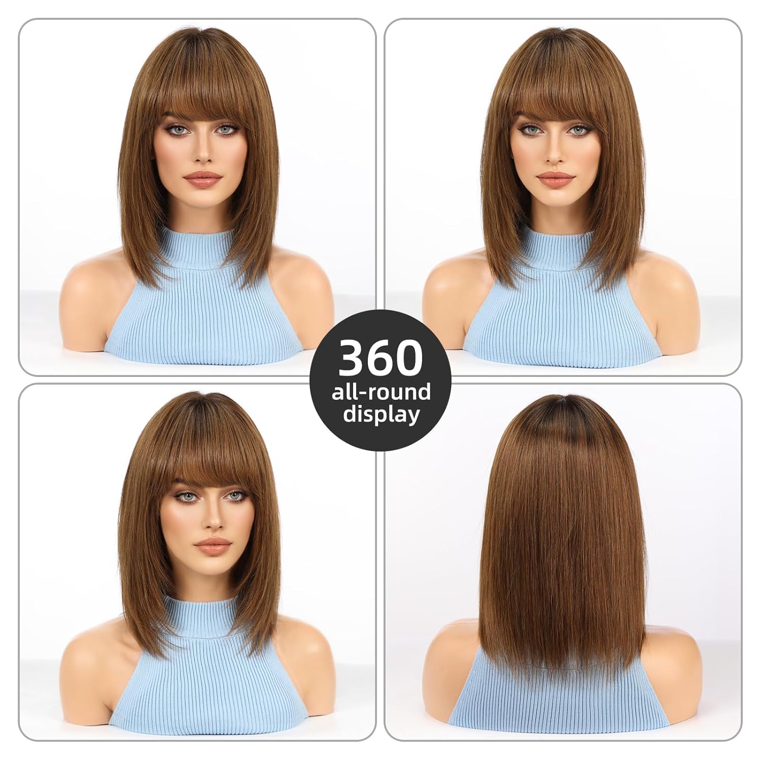 12 Inch Ombre Brown Human Hair Wig, Bob Wig Human Hair, Human Hair Wig With Bangs, Real Hair Wigs For Women, real human hair wigs