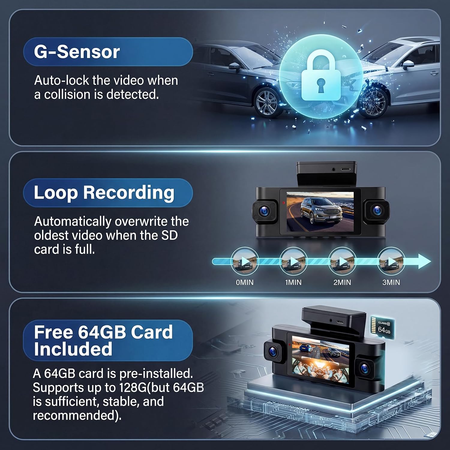 4 Channel 2K Dash Cam 64GB Card Included Front and Rear Interior Left Right, Dash Camera for Cars, Night Vision, Built-in WiFi GPS, APP Control, Parking Monitor, Loop Recording