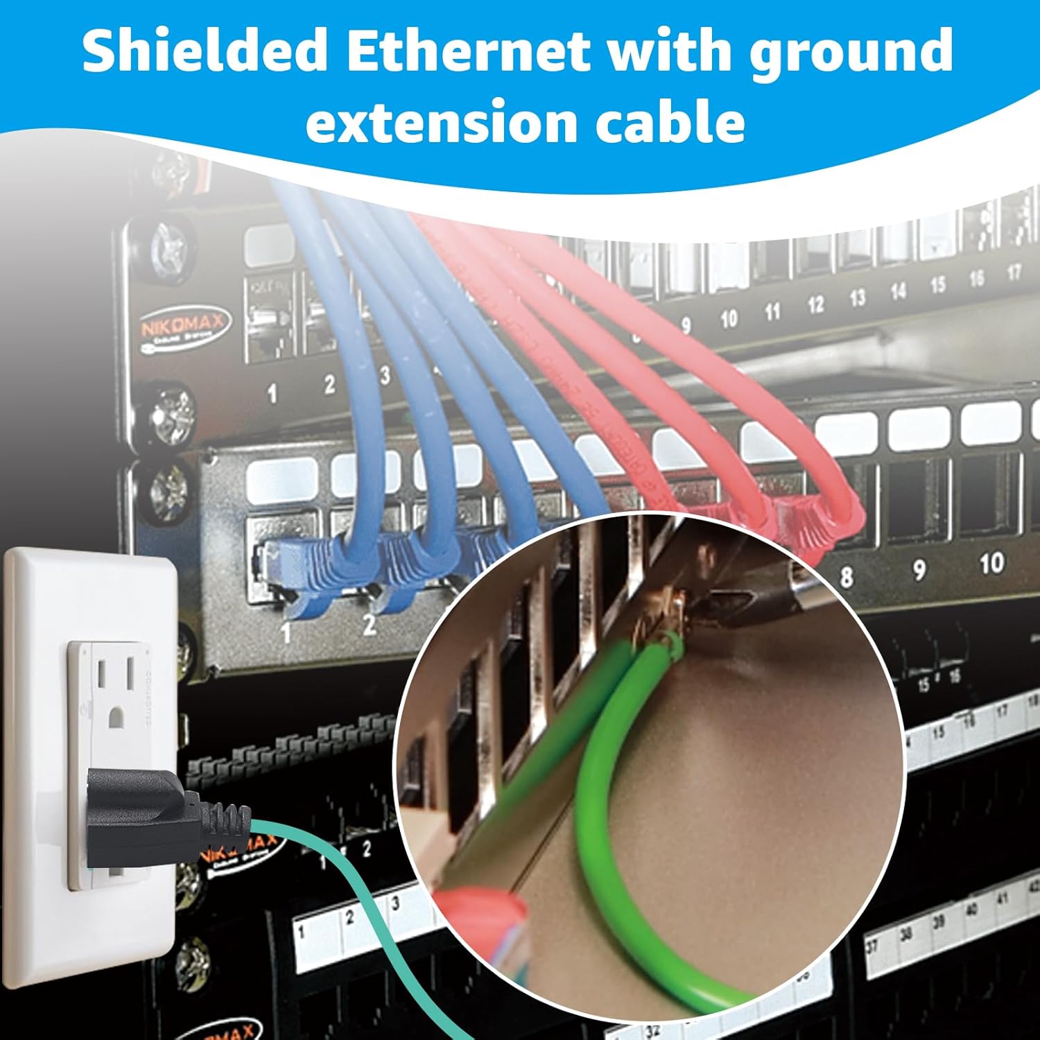 14 AWG NEMA 5-15P 3 Prong Plug Shielded Ethernet Patch Panel Bond Ground Extension Cord