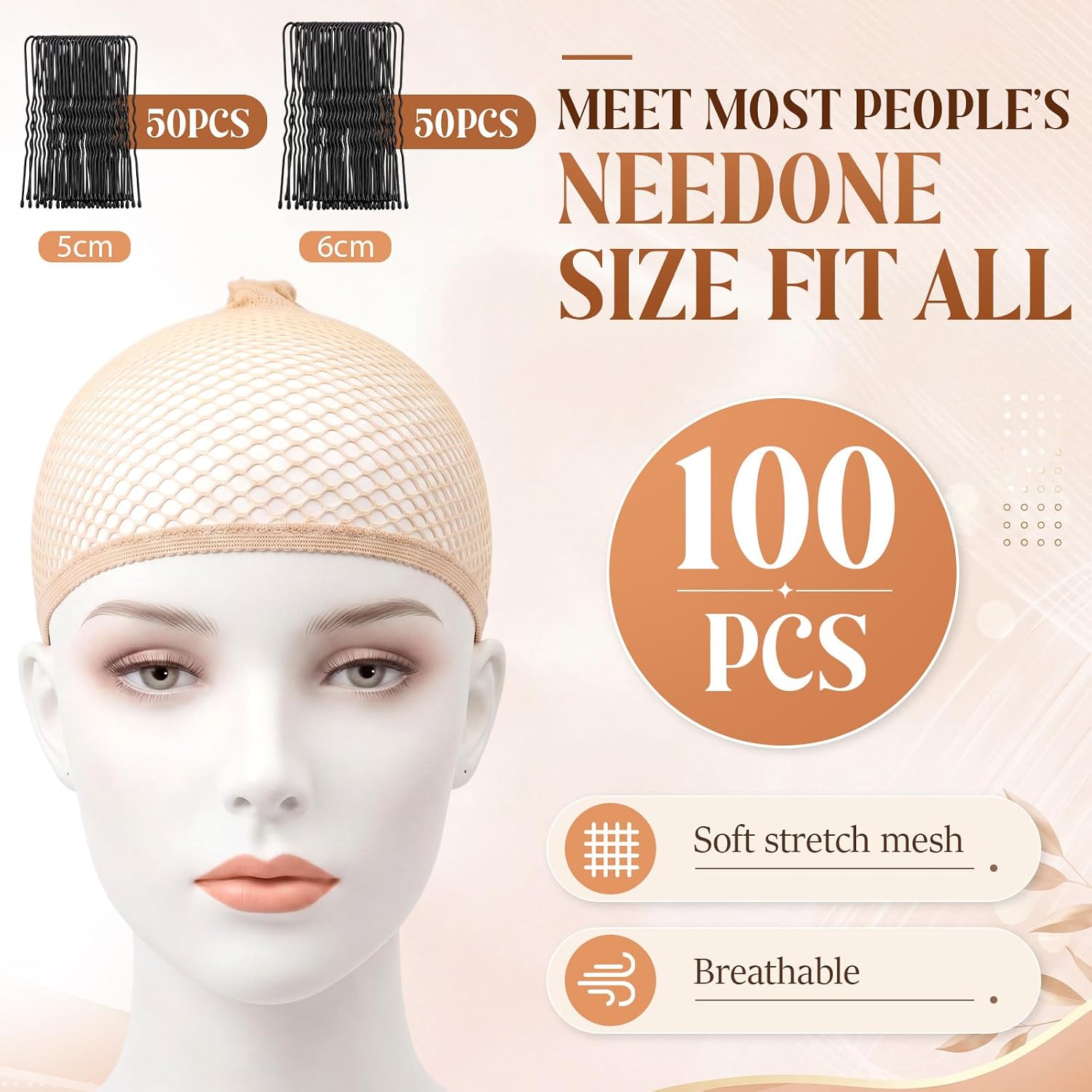 100 Pcs Fishnet Wig Cap with 100 Bobby Pins Set for Women Stretchy Invisible Hair Net for Wigs Clips for Lace Front Wigs Wear Cosplay Hair Extensions