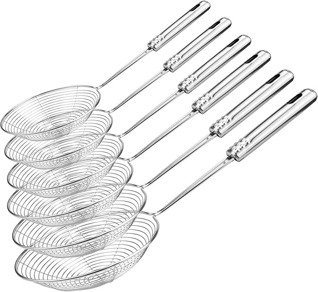 Suwimut Set of 6 Spider Strainer, Stainless Steel Wire Skimmer with Handle for Spaghetti, Pasta, Noodle, Kitchen Frying Chips, 12.2 Inch, 13.2 Inch, 14.2 Inch, 15 Inch, 15.7 Inch, 17 Inch