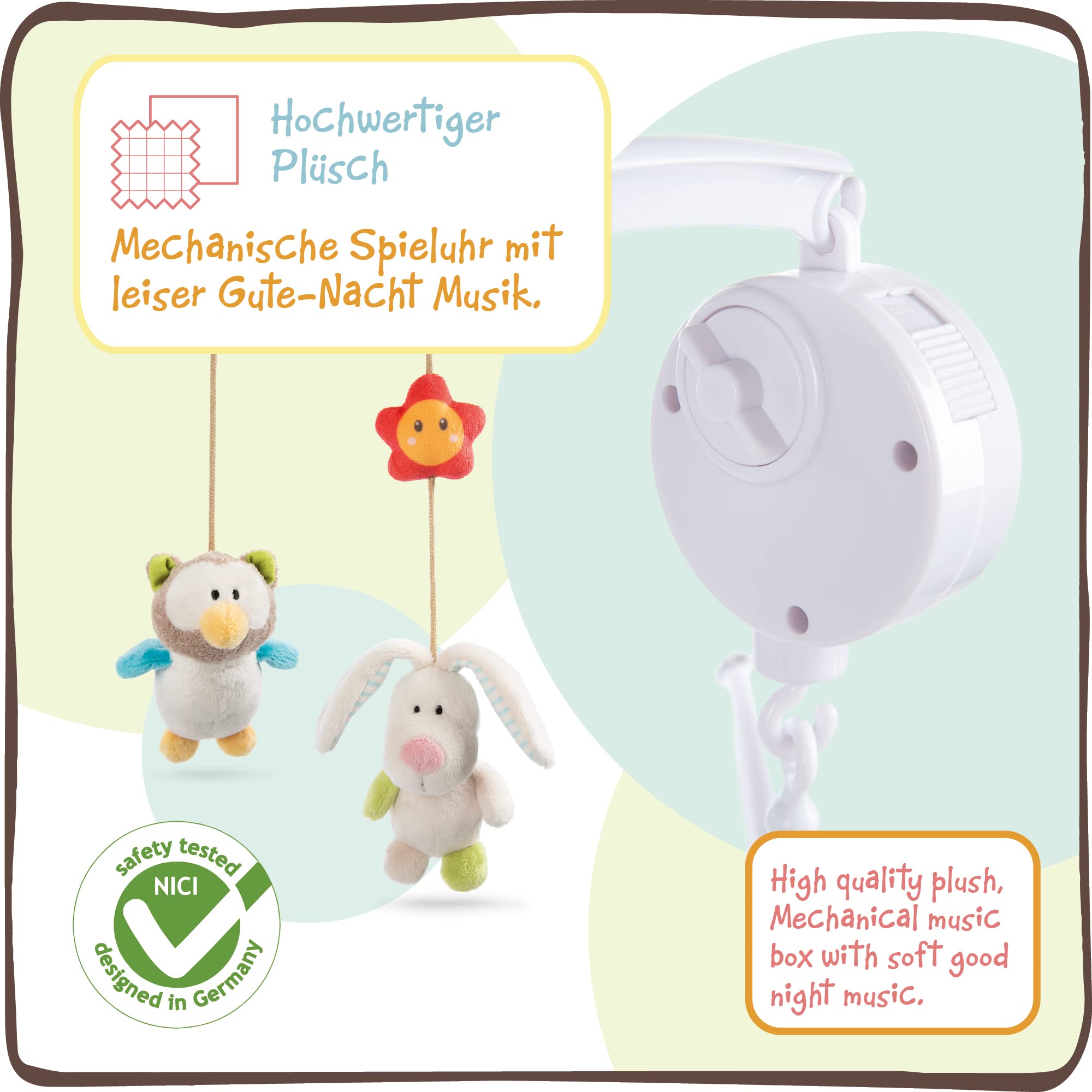 NICI Mobile Musical avec Lapin et Hibou 40 cm, Mobile Coloré pour Bébé avec 5 Figurines Amovibles et Fixation au Lit, dans Un Emballage Cadeau - 48511