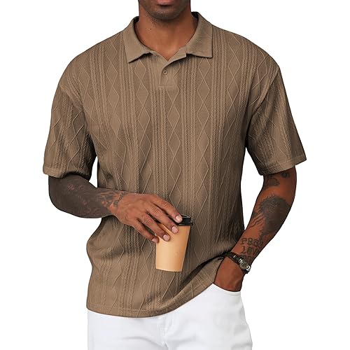 JMIERR Mens Polo Shirt Knit Button Casual Short Sleeve Summer Vacation Beach Stretchy Golf Shirts