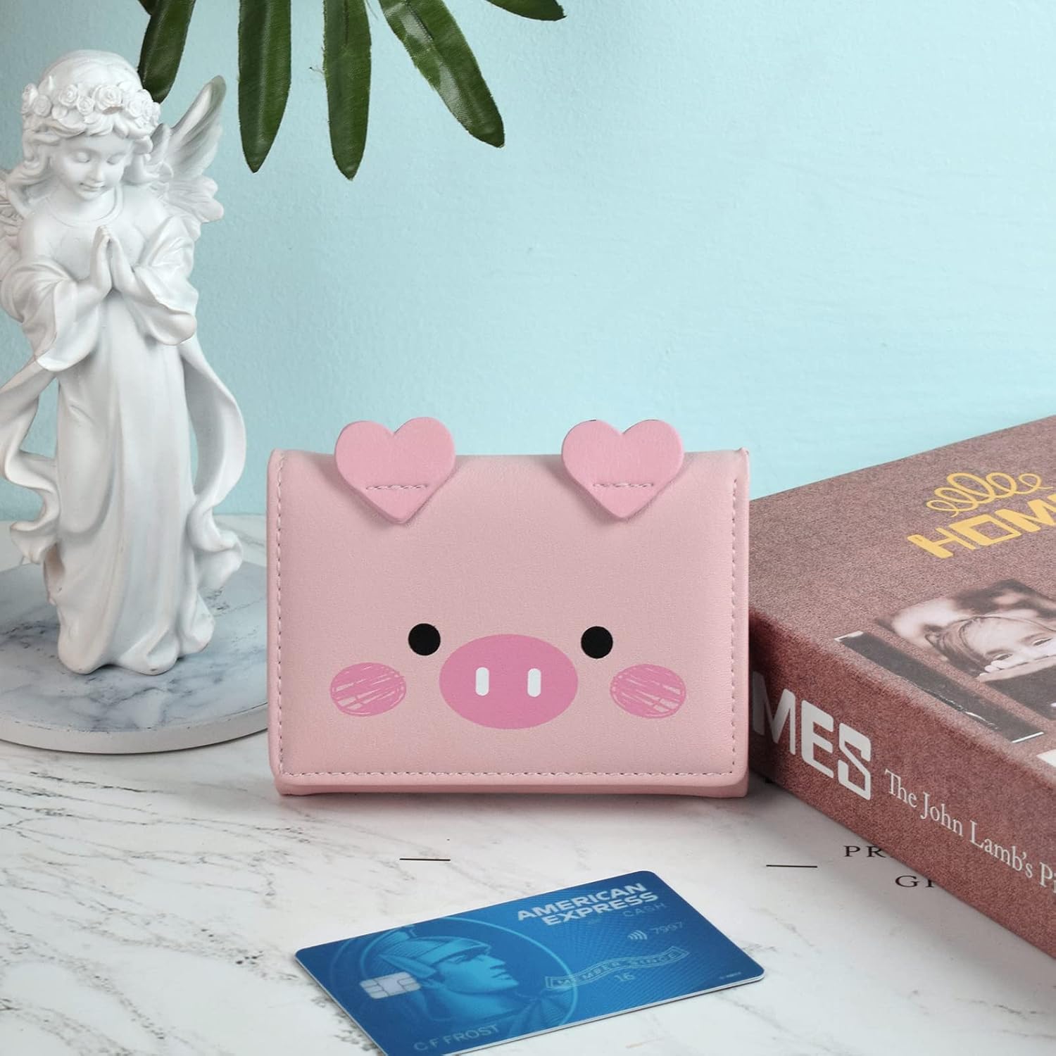 Fire Stone Cute Girls Wallet, Tir-folded Short Wallet with Cash Pocket Card Holder ID Window Purse for Women (Pink Pig)