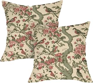 Vintage Floral Bird Decorative Throw Pillow Covers 18 x 18 Set of 2 | Pink Flower Plant Branch Cottagecore Porch Home Decor, Spring Summer Botanical Sofa Couch Cushion Case Housewarming Gift