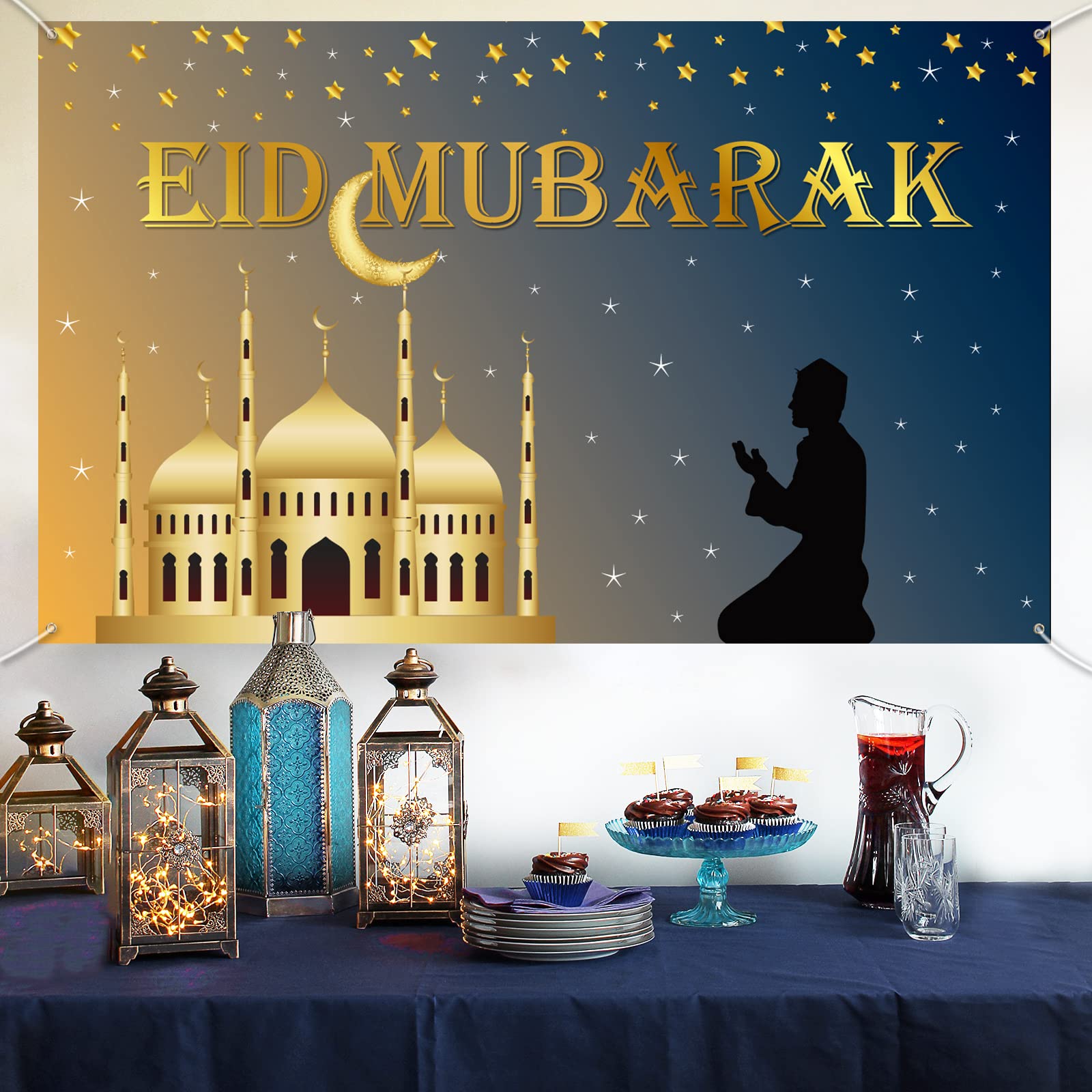 Eid Mubarak Banner Backdrop, Extra Large Ramadan Mubarak Sign Banner Decorations Blue Gold Ramadan Hanging Backdrop for Indoor Outdoor Islamic Muslim Al-fitr Party Photography Background, 185 * 110cm
