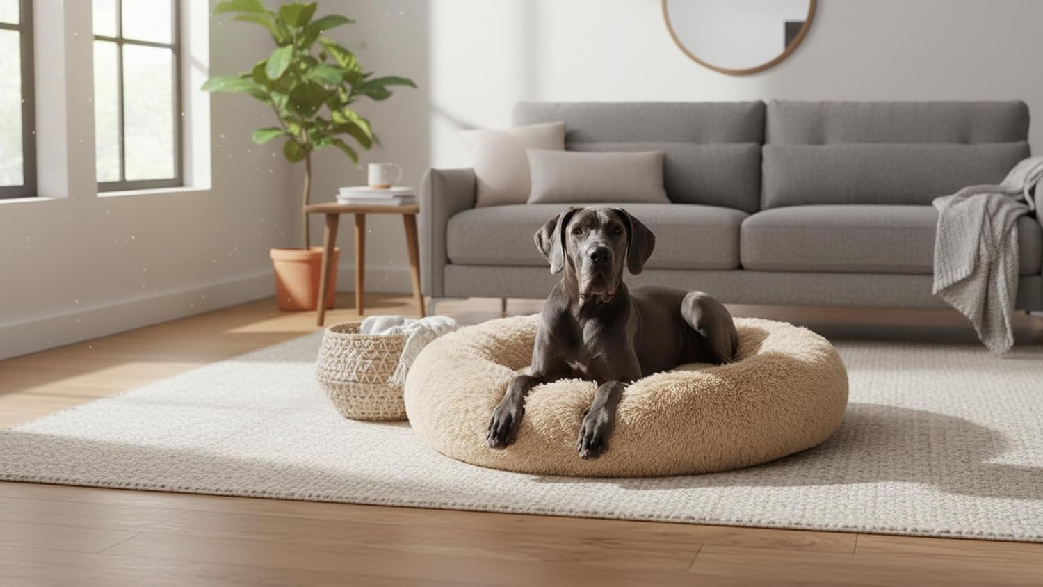 The Dog’s Bed Calming Donut Dog Bed, Plush Faux Fur Round Cuddler Nest, Removable Washable Zip Cover – XXL (54"), Beige