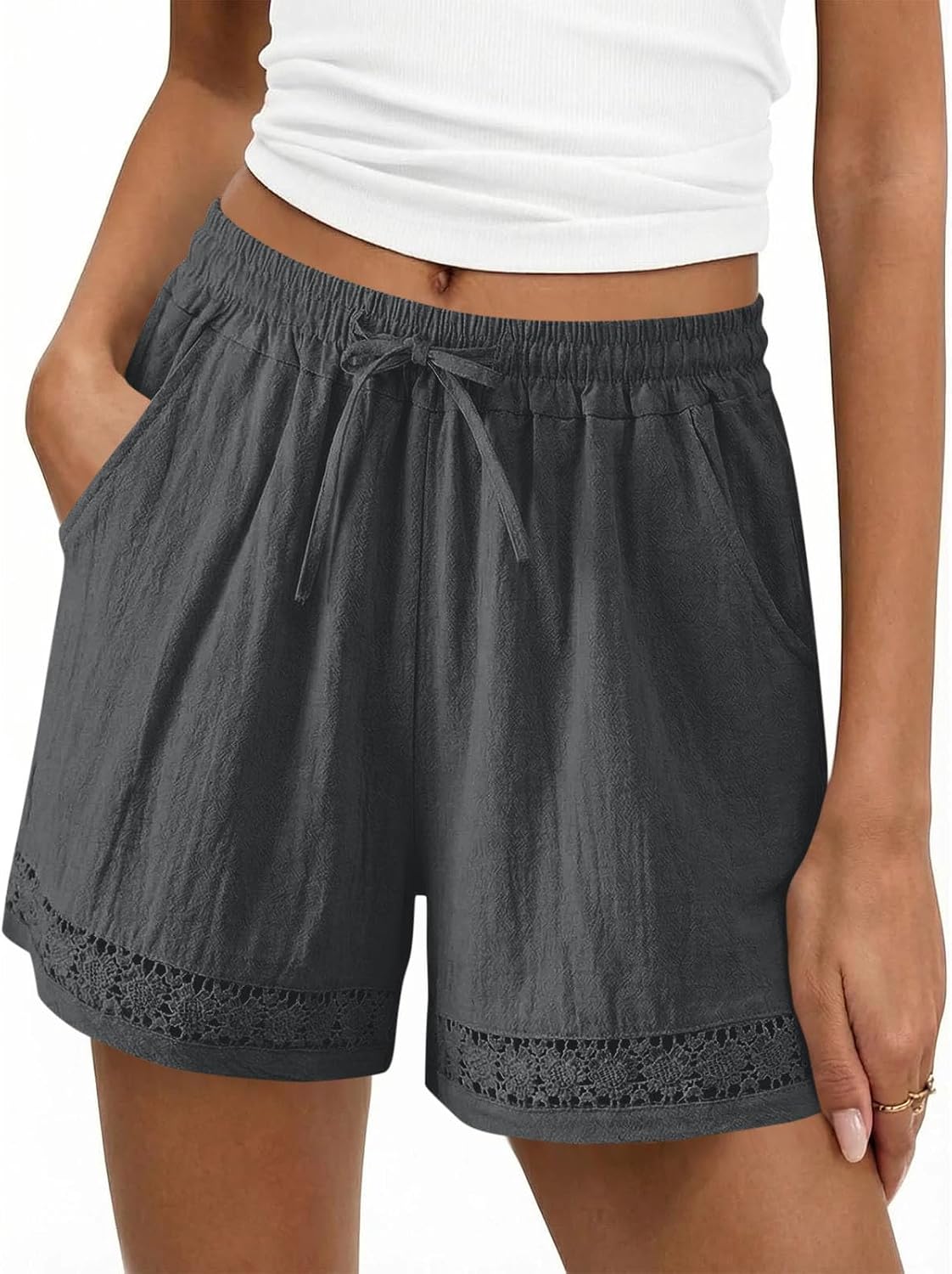Women's Plus Size Lace Hem Shorts Elastic High Waist Casual Drawstring Shorts Lightweight Bottoms Slacks with Pockets