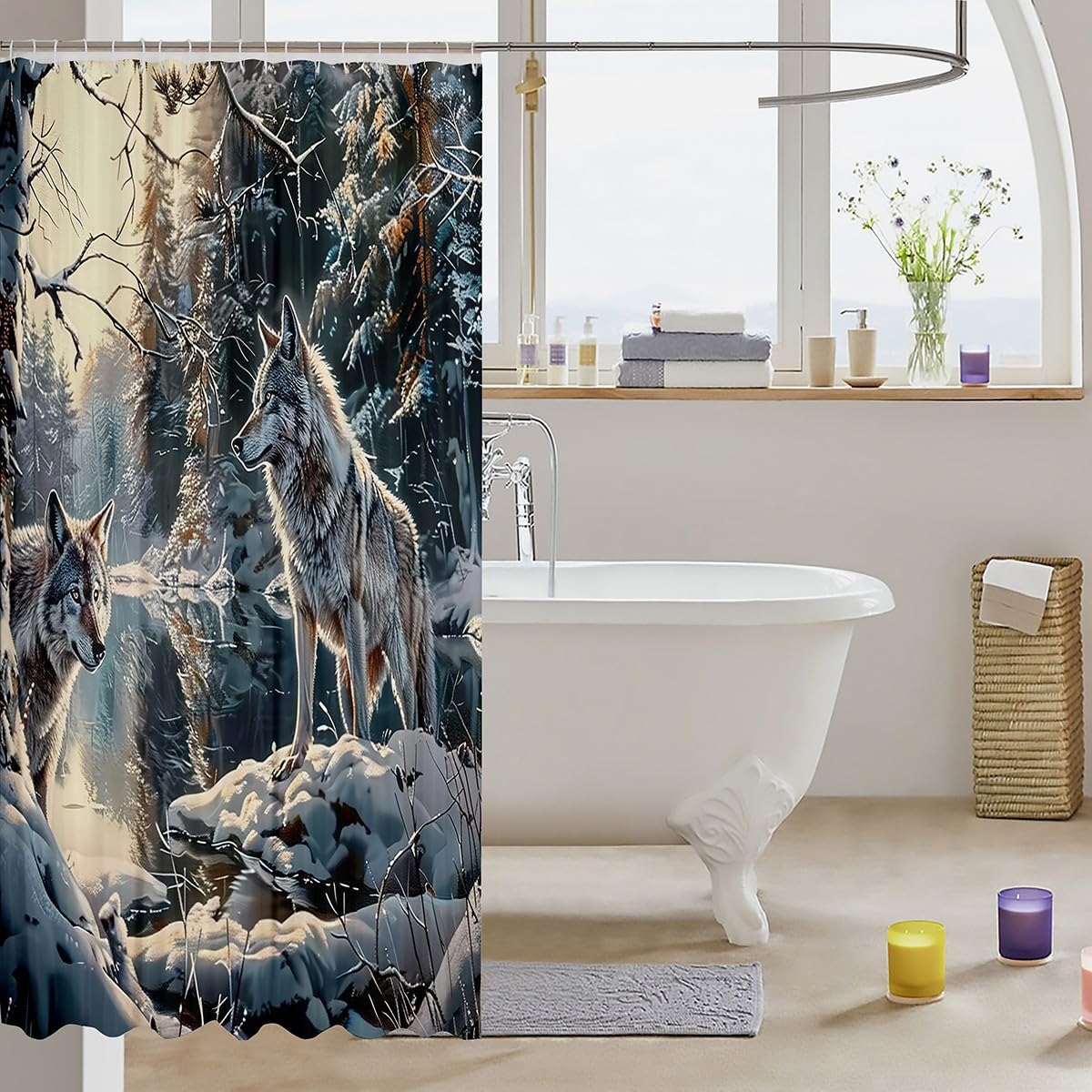 Western Wolf Shower Curtain,Snow Scenery Winter Theme Bathroom Curtain for Kids Boys Girls Bathroom Decor,Woodland Tree Branch Bath Curtain,Wild Animal Wolves Waterproof Curtain,12 Hooks,72"Wx72"L image 3