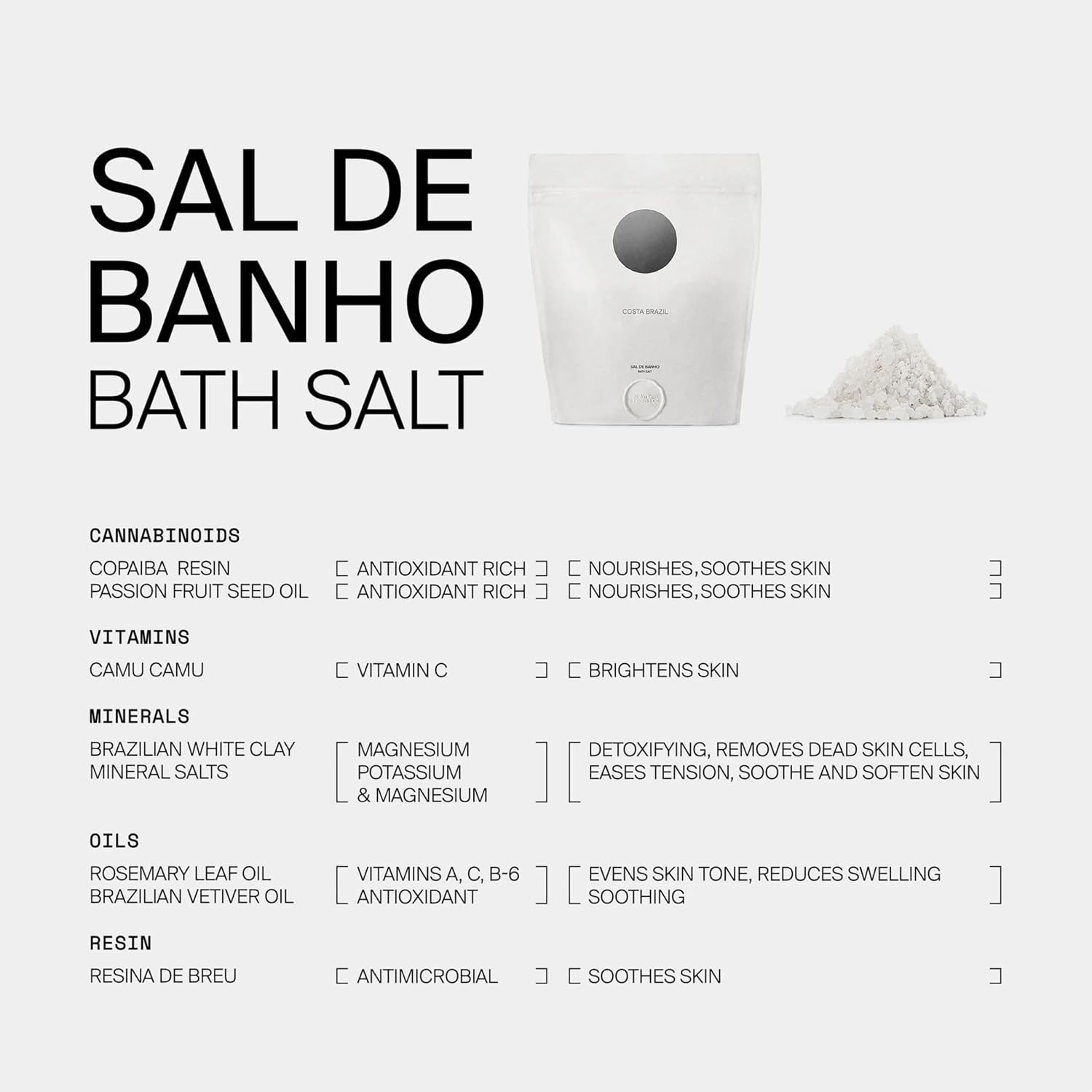 Costa Brazil Relaxing Bath Salts Refill — Epsom Salt & Mineral Sea Salt Bath Soak with Brazilian White Clay, Magnesium, Camu Camu & Amazonian Botanicals, 2.2 lbs