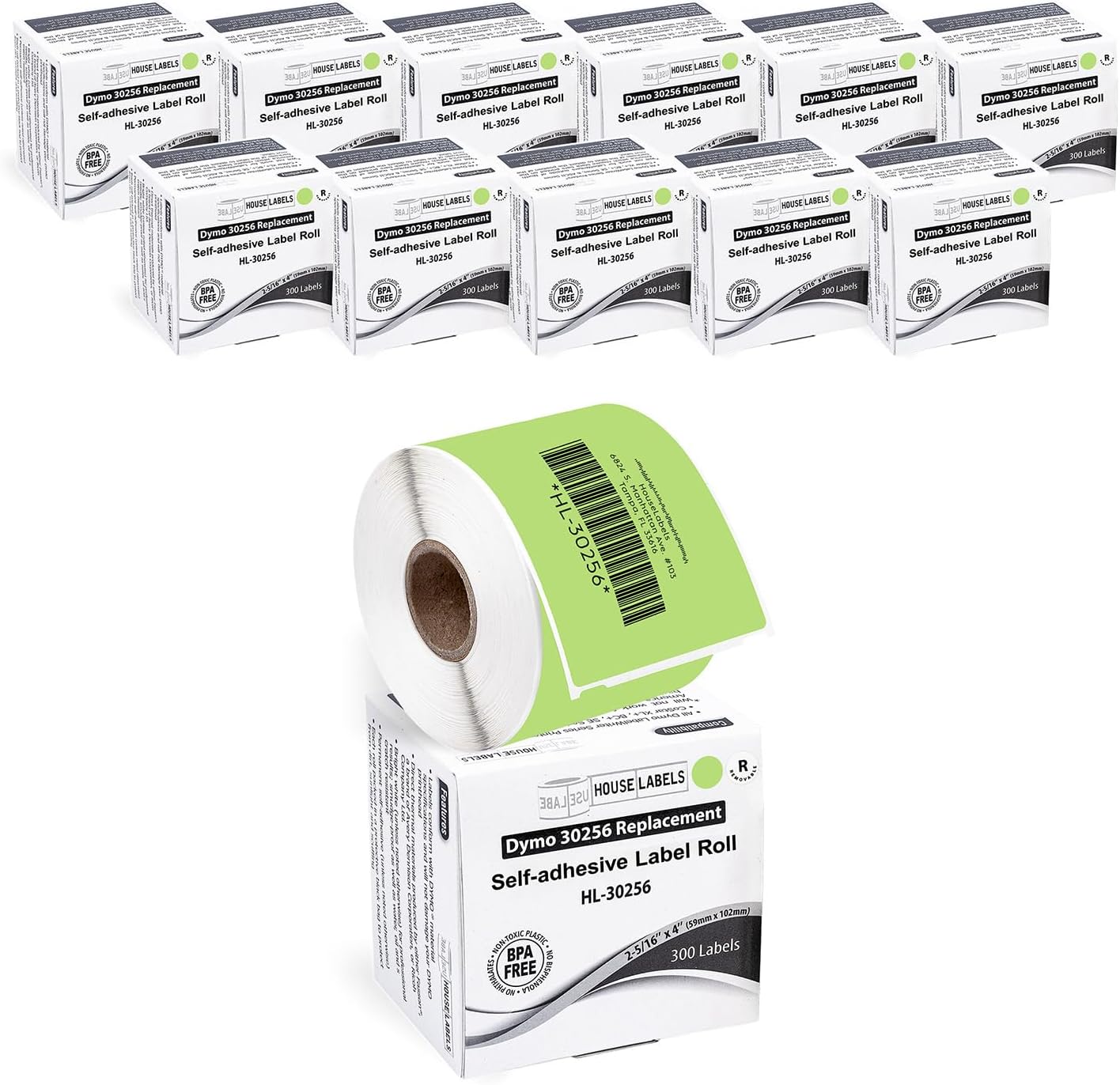 HOUSELABELS Compatible DYMO 30256 Green Shipping Labels (2-5/16" x 4") with Removable Adhesive, Compatible with DYMO LW 450, 4XL, Rollo & Zebra Desktop Printers, 6 Rolls /1800 Labels
