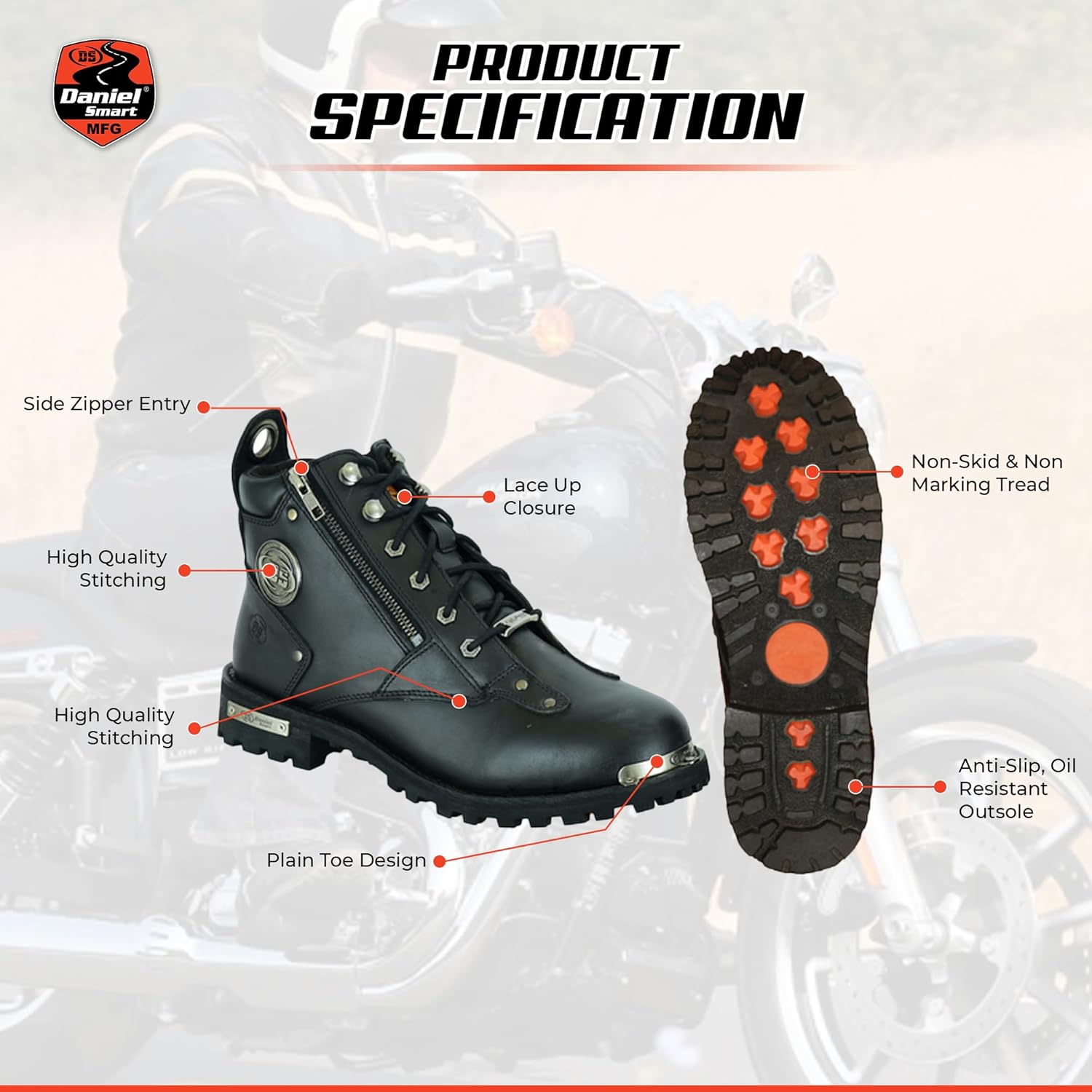 Daniel Smart Men’s Motorcycle Leather Boots – Full Grain Waterproof Boots with Side Zippers, Lace up Closure & Non Skid Outsole
