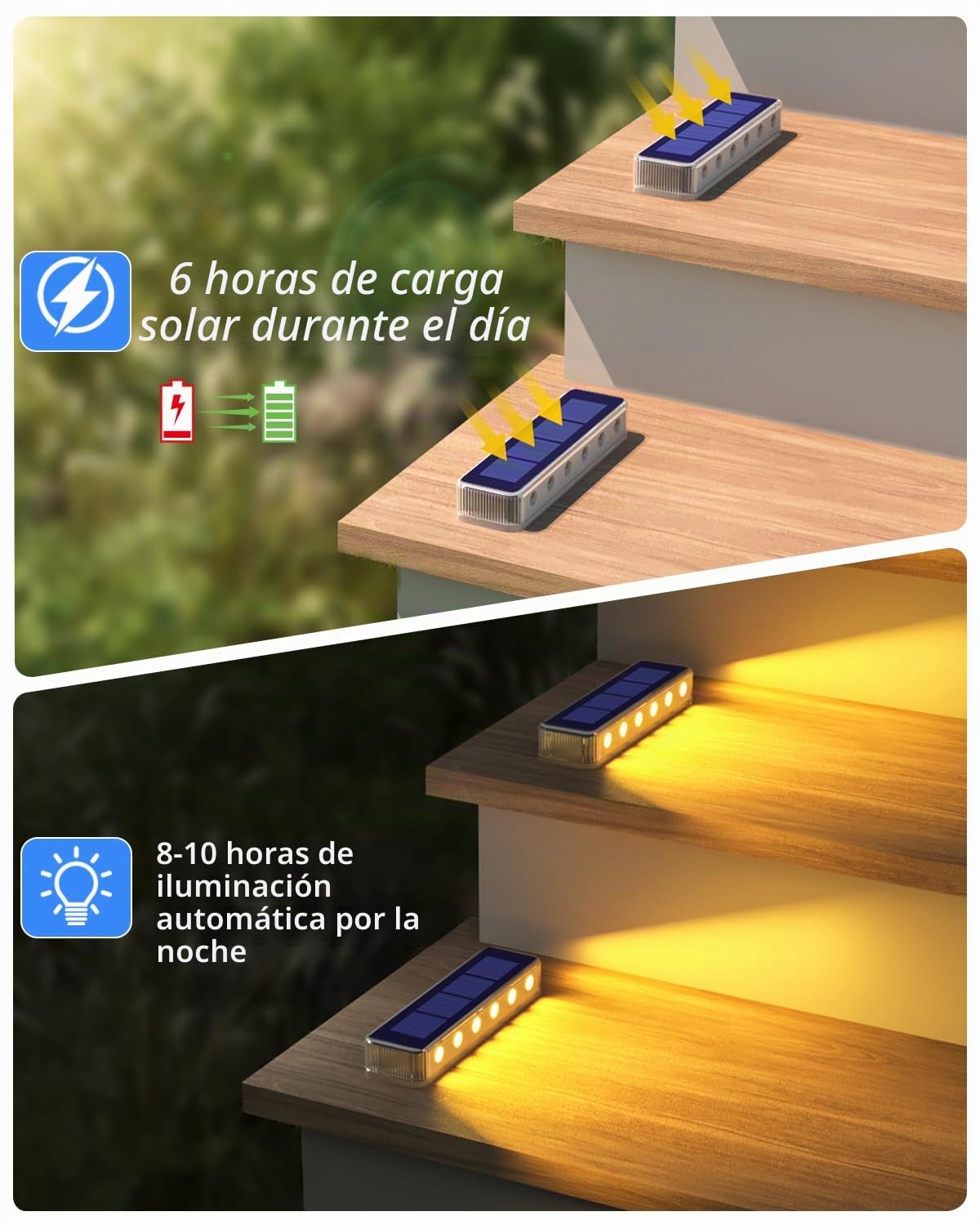DetarZinLED Luces Solares LED Exterior Jardin, 4 uds Luces Solares Exterior Luz LED Escaleras Impermeable IP68, Blanco Cálido Luz Exteriores Solar para Escaleras, Jardin, Patios, Terraza, Valla, Deck