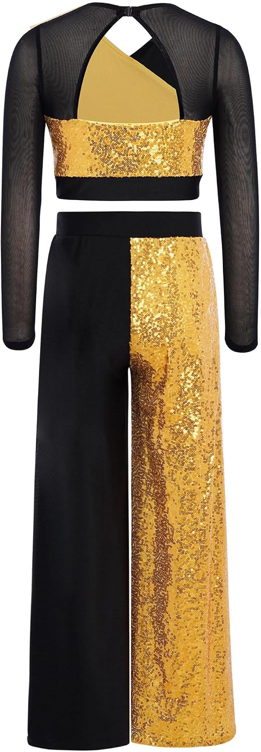 Kids Girls Jazz Hip Hop Dance Clothing Set Long Sleeve Crop Top with Pants | Competitions Cha-Cha Stage Performance, Cutout Back Top Elastic Waist Pants