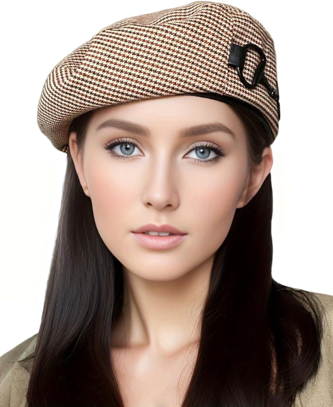Women Classic Houndstooth Beret with PU Leather Edge, Chic Flat Artist Beanie Hats for Summer Spring