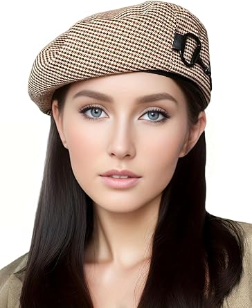 Women Classic Houndstooth Beret with PU Leather Edge, Chic Flat Artist Beanie Hats for Summer Spring