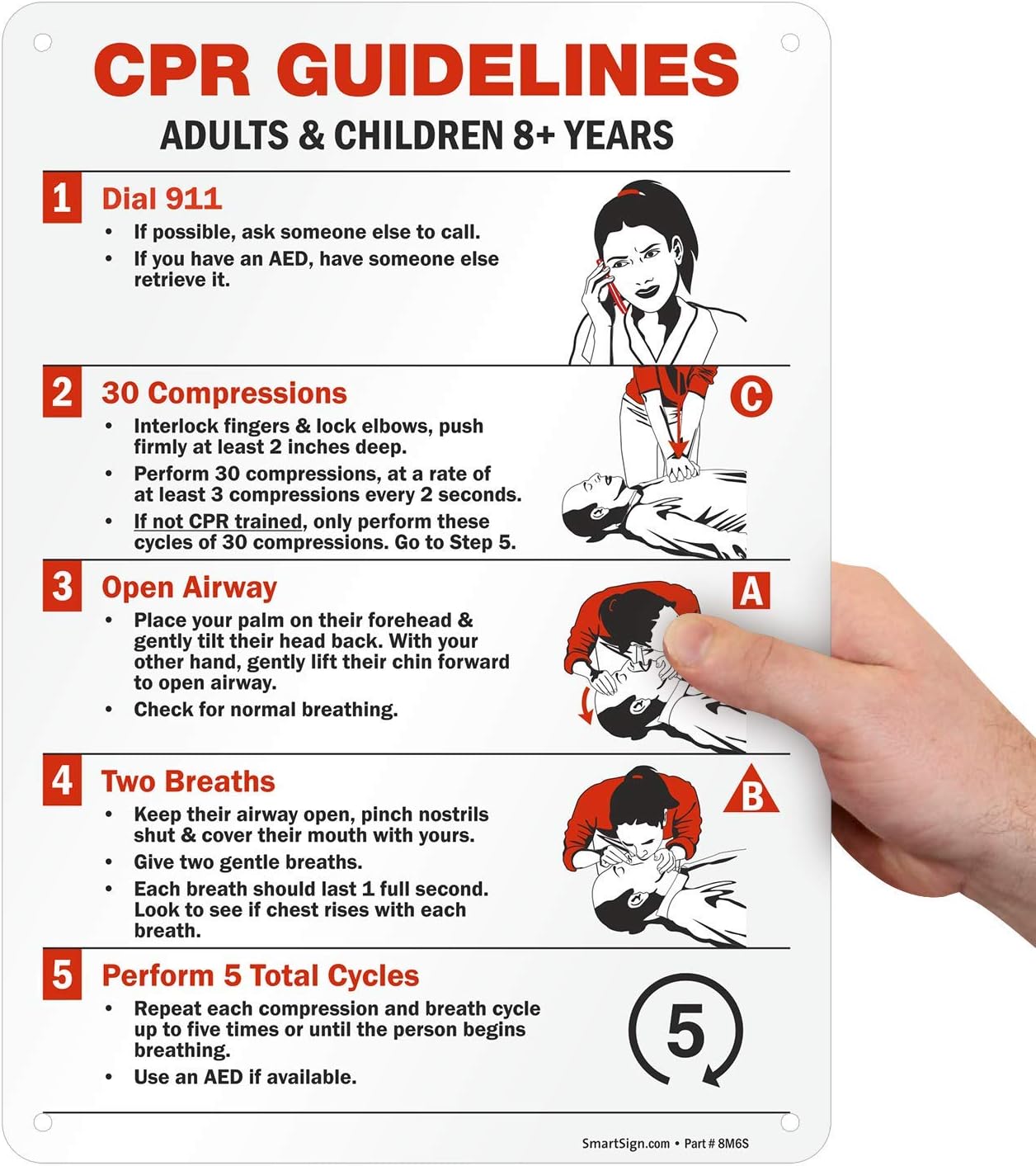 SmartSign "CPR Guidelines - Adults & Children 8+ Years" Sign | 12" x 18" Aluminum