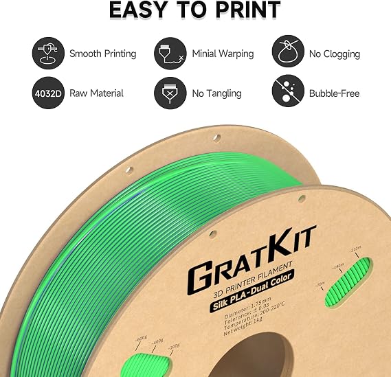 Gratkit Silk Dual-Color PLA Filament,Coextrusion 3D Printer Filament 1.75mm | Multi Color Filament Neatly Wound, Dimensional Accuracy +/-0.03mm, 1KG/Roll, Silk PLA Purple & Green