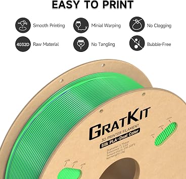 Gratkit Silk Dual-Color PLA Filament,Coextrusion 3D Printer Filament 1.75mm | Multi Color Filament Neatly Wound, Dimensional Accuracy +/-0.03mm, 1KG/Roll, Silk PLA Purple & Green
