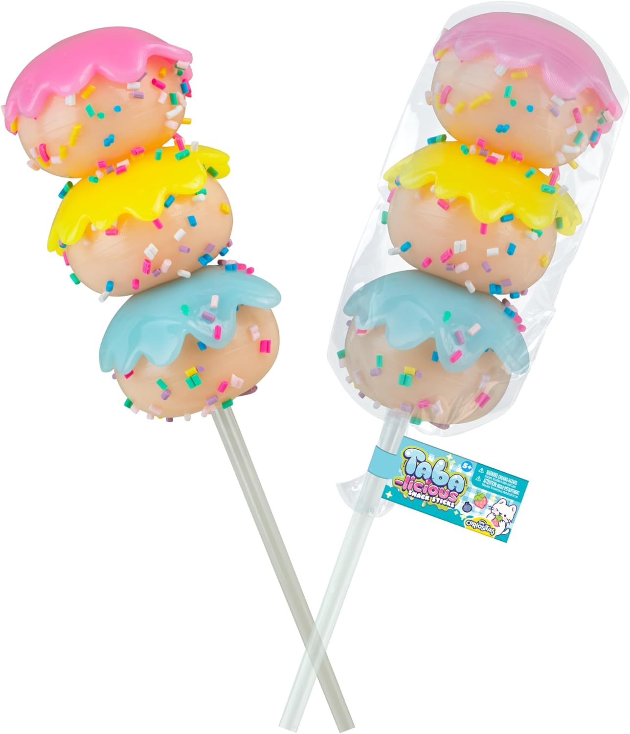 ORB Tabalicious Snack Sticks TABA Squishy Cake Pop Toy - 3 Cute, Sticky TABA Cake Pop Food Squishies with Rainbow Frosting - Removable Stress Ball Toys - Kawaii Sensory Fidget Toys for Kids and Adults