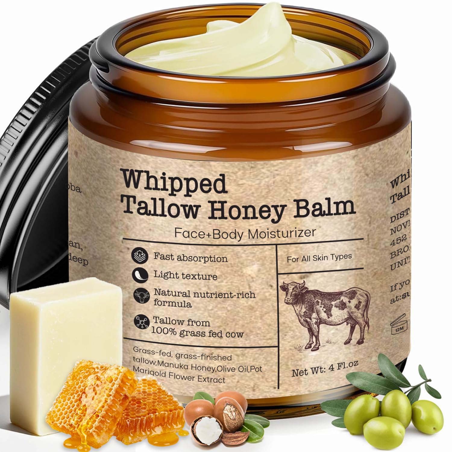 Scosvvi Whipped Beef Tallow Honey Balm: Grass-Fed Beef Tallow Honey Balm for sensitive skin Beef Tallow Moisturizer For Face, Hands Non-Greasy Nourishing With Vitamin Safe for All Skin Types 4 oz