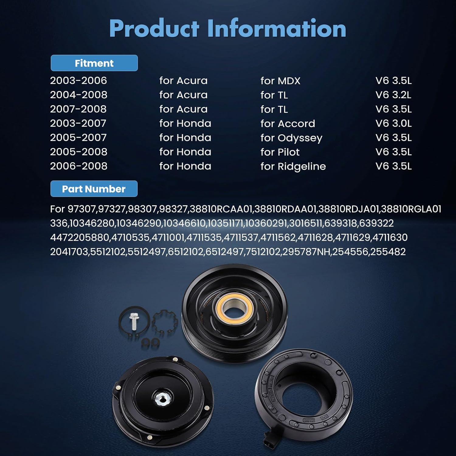 ECCPP AC Compressor Clutch 2003-2008 for Acura MDX TL for Honda for Accord Odyssey Pilot Ridgeline 3.2L 3.5L AC Clutch