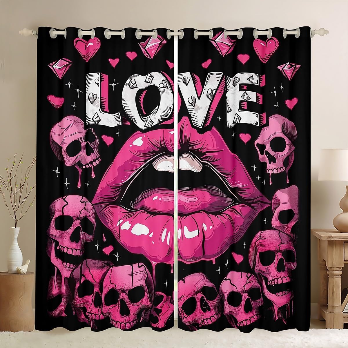 Manfei Sexy Lip Kids Window Curtains,Gothic Skull Skeleton Trippy Halloween Window Drapes for Girls Women,Star Love Heart Mouthkiss Pink Black Window Treatments Grommet Top 2 Panel Set,42Wx63L inch