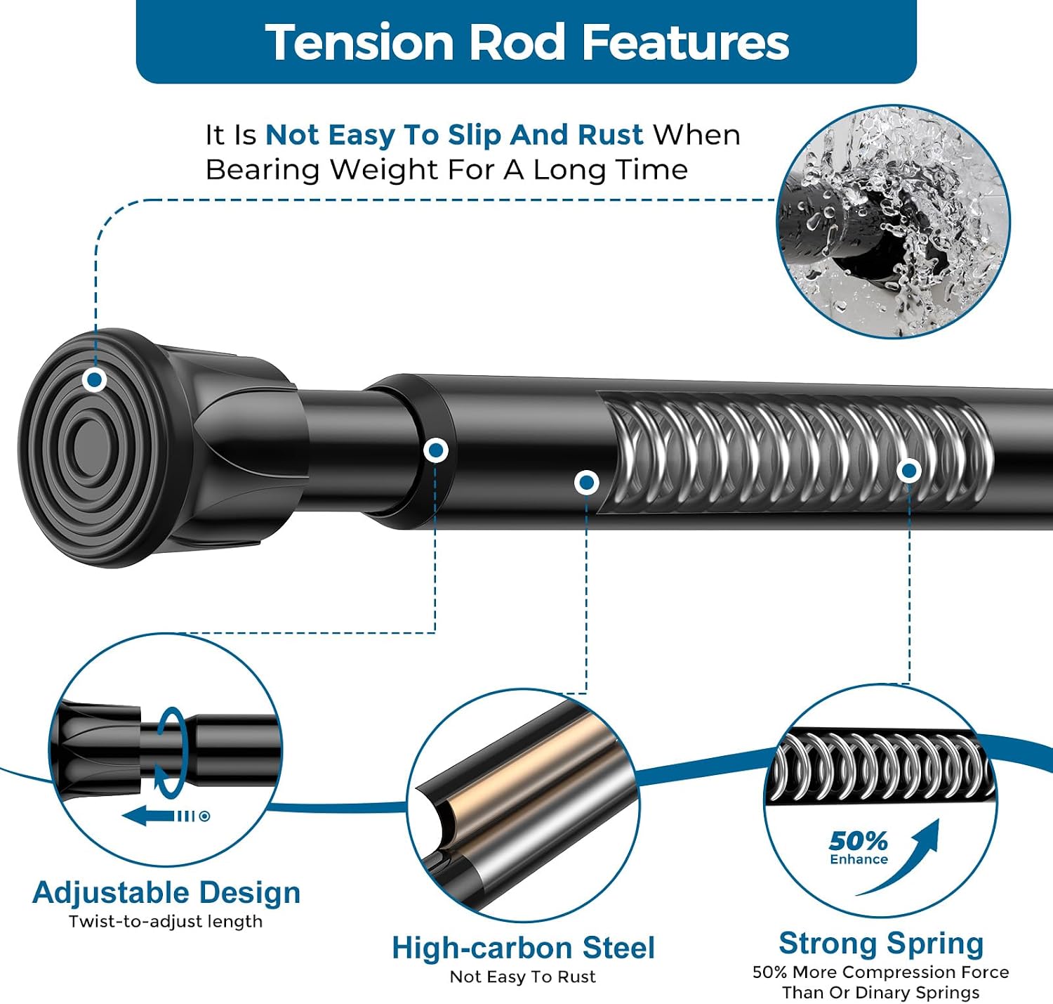 AIZESI 4pack Spring Tension Curtain Rod 28-48" Black No Drill Rods