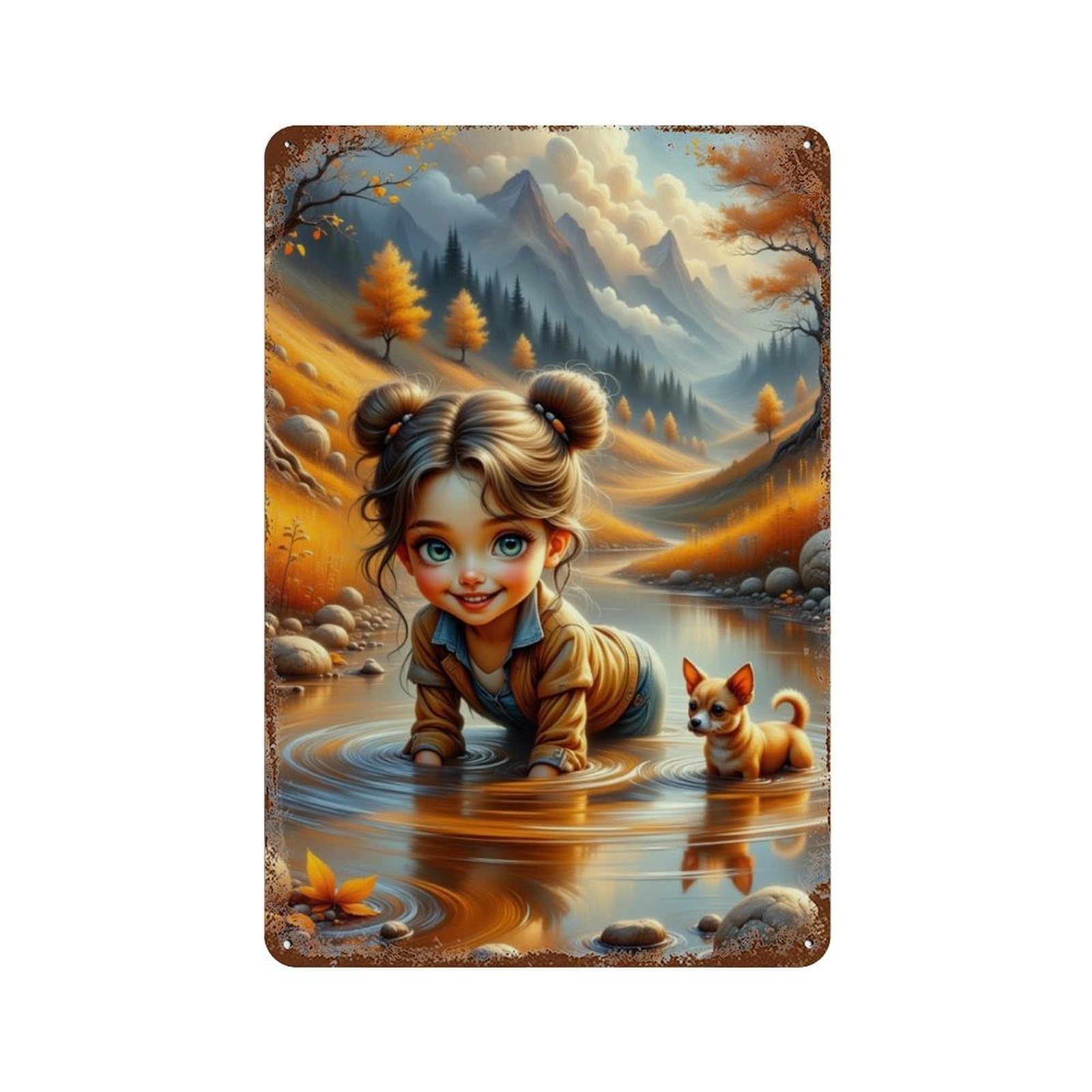 Autumn Adventure with Puppy Weathered Tin Sign 11.8"x7.9", for Basement, Hobby Room And Garage Decor, Rustic Home Decor