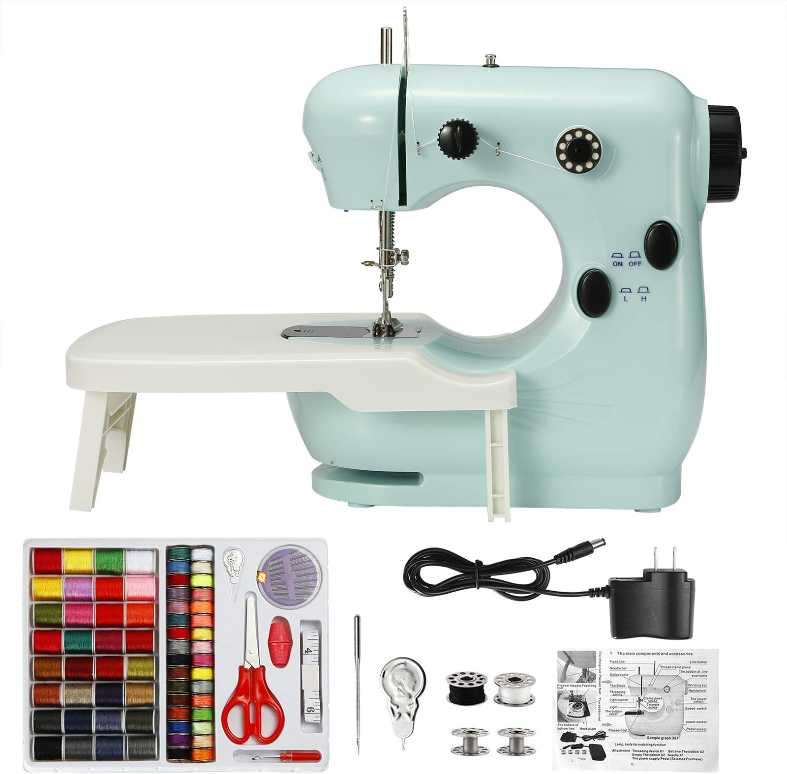 Sewing machine Black 115 PCS Mini Sewing Machine with Extension Table and Foot Pedal, Double Thread with Light, 100 Thread Sewing Pack is Involved,Nice Gift for Kid, Housewarming (Blue)